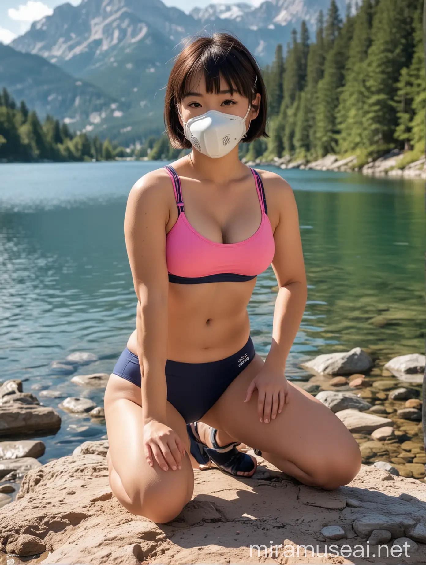 an attractive, full-bodied, large butt, buxom, college-aged, short-hair, bangs, chinese-american girl, in a respirator mask, crouching by an alpine lake, and in a padded pink sports bra, and a sporty navy cheeky bikini bottom