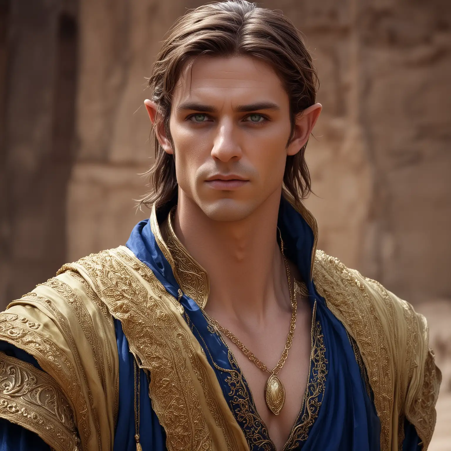 Fantasy male elf, seven feet tall, thirty years old, muscular, sad eyes, strong jaw, rugged, pale green eyes, sexy, hot, sexy royal blue and gold desert robes, gold accessories, royal, noble, desert palace, short chestnut brown hair, longer hair on top, rugged, god like