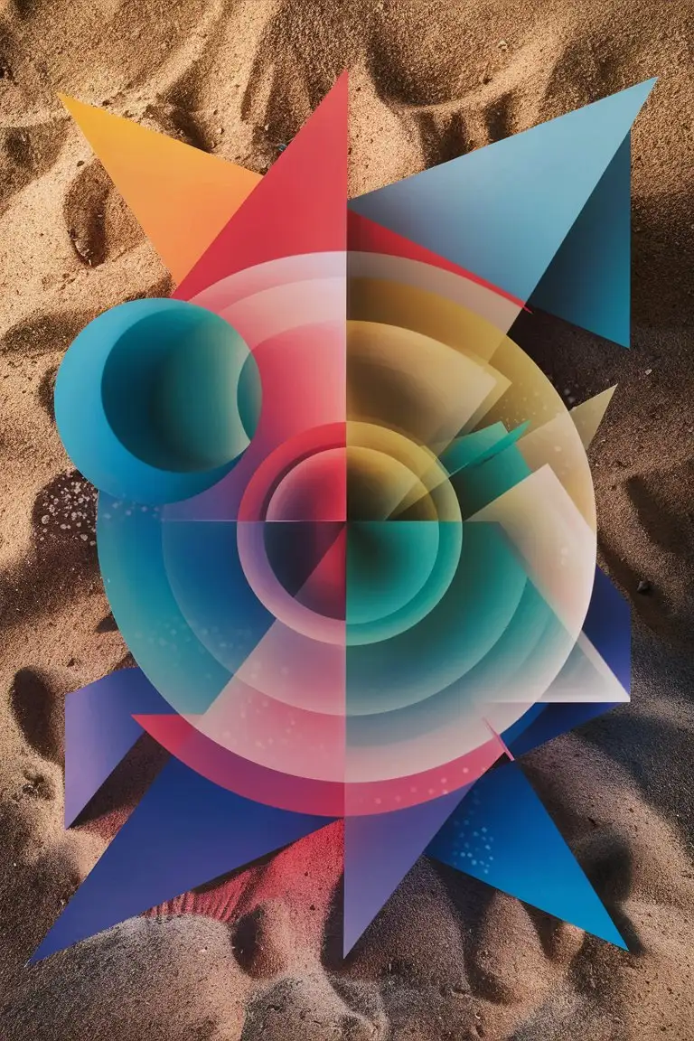 Абстрактная композиция из треугольников, кругов и прямоугольников на песочном фоне