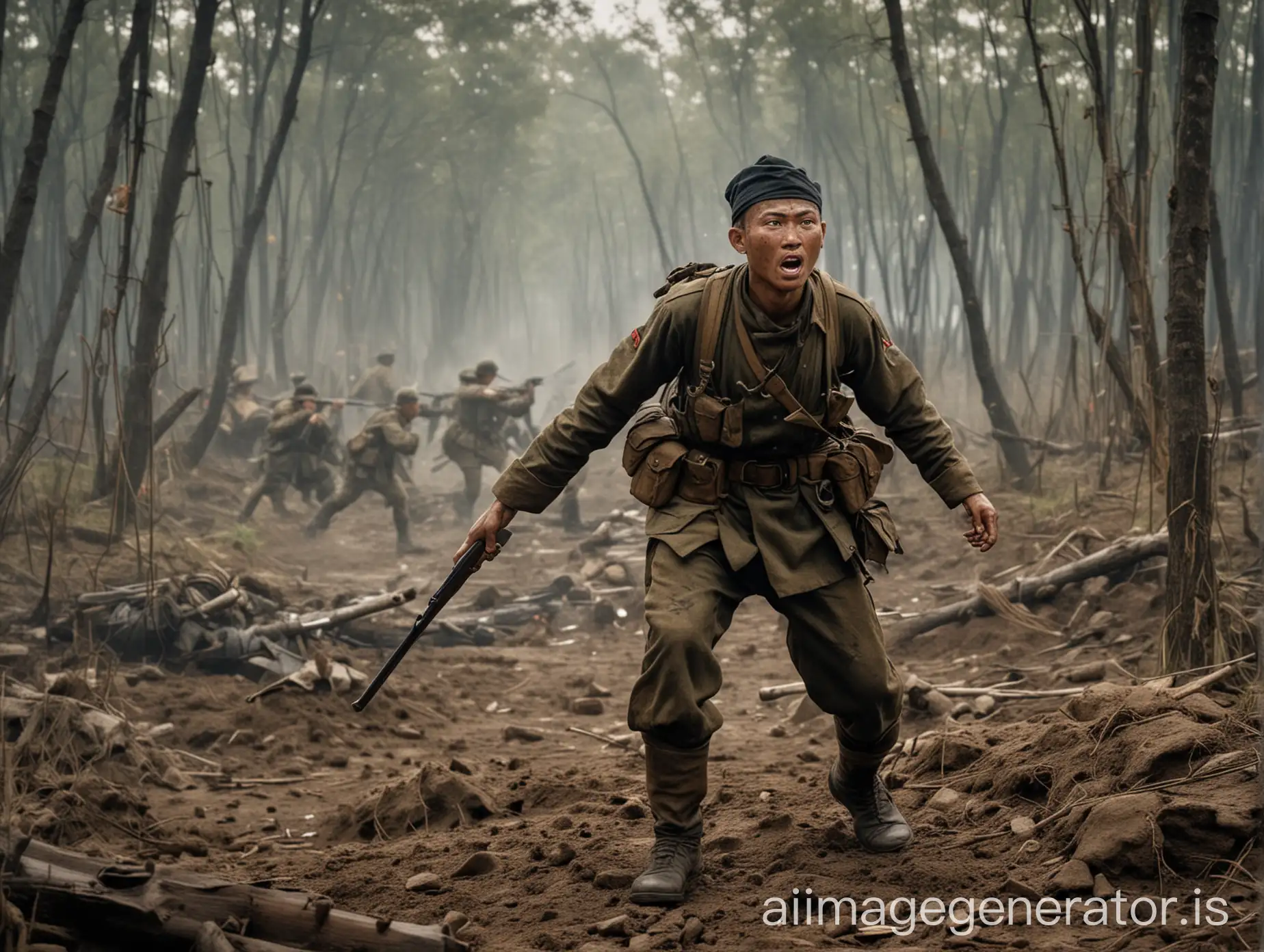 Courage of Cut Nyak Dien in AttacknPortray Cut Nyak Dien at the front line of attack against Dutch position, with an expression full of bravery and background of fierce battle.