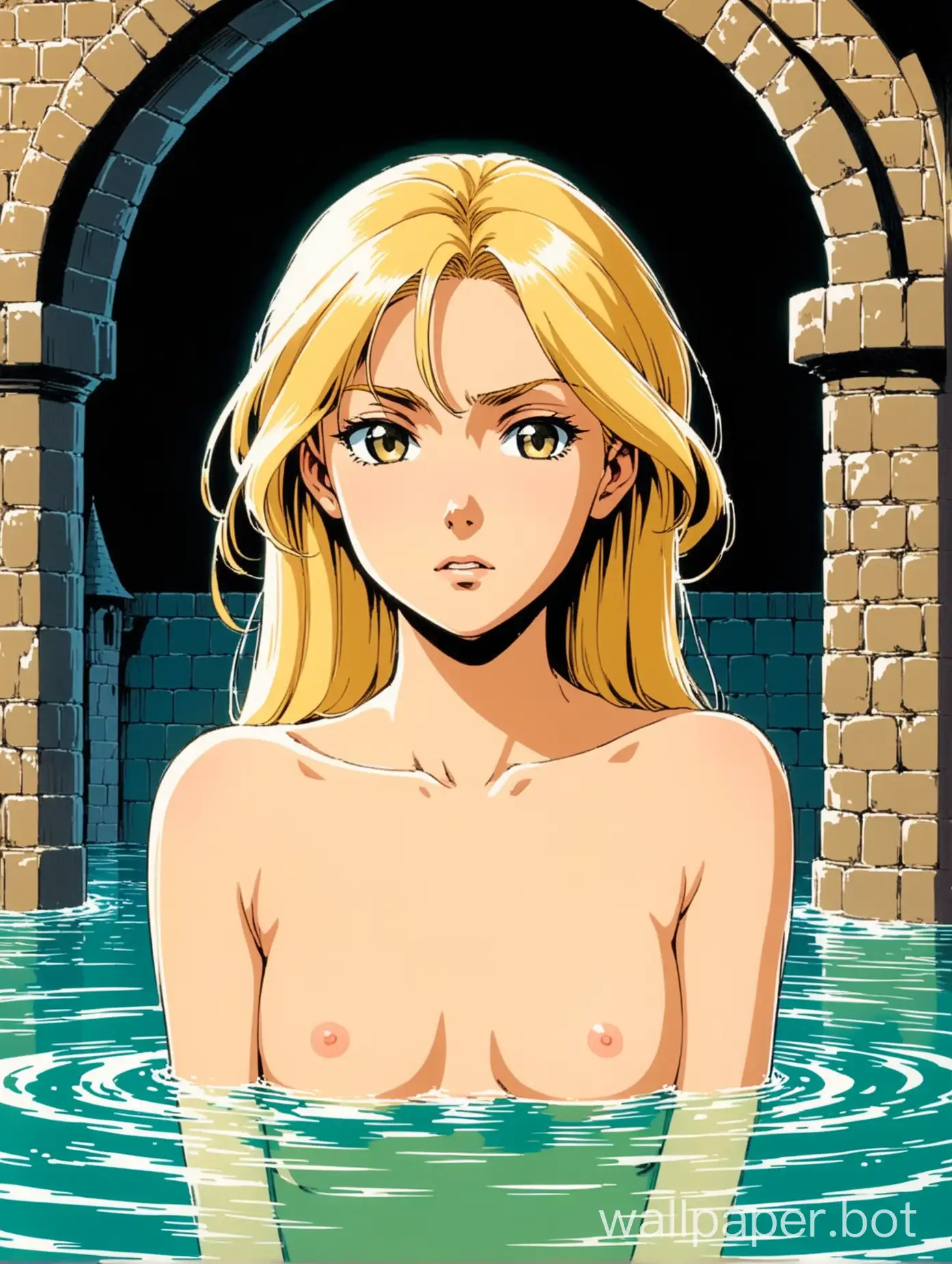 portrait of a beautiful naked young blonde woman bathing in a medieval bathhouse, halfway underwater, she is thin and elegant, youthful face, bitter facial expression, scowling, slender elegance, golden-blonde hair that is parted in the middle, she is thin and skinny, 1980s retro anime, medieval elegance, castle interior