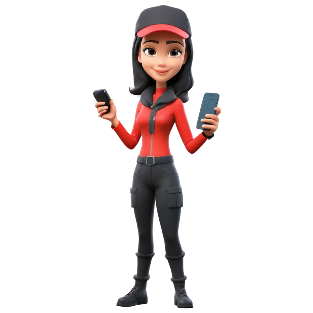 3d animation of a girl wearing a hijab in a professional cell phone service technician outfit and a red and black hat holding a service screwdriver and phone