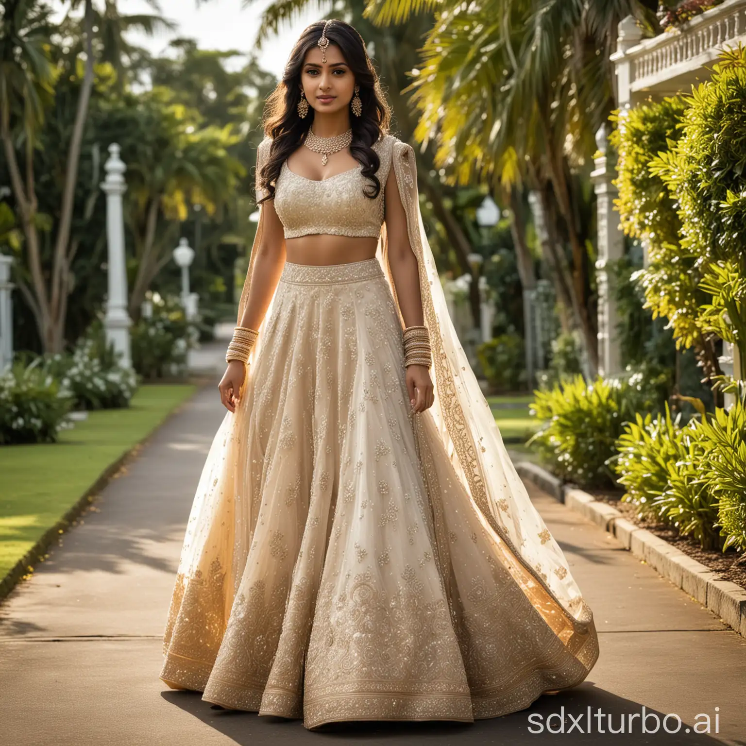 22 years old young rich indian beauty lady wearing grand bridal lehanga, pretty  walking out of a bangalow,