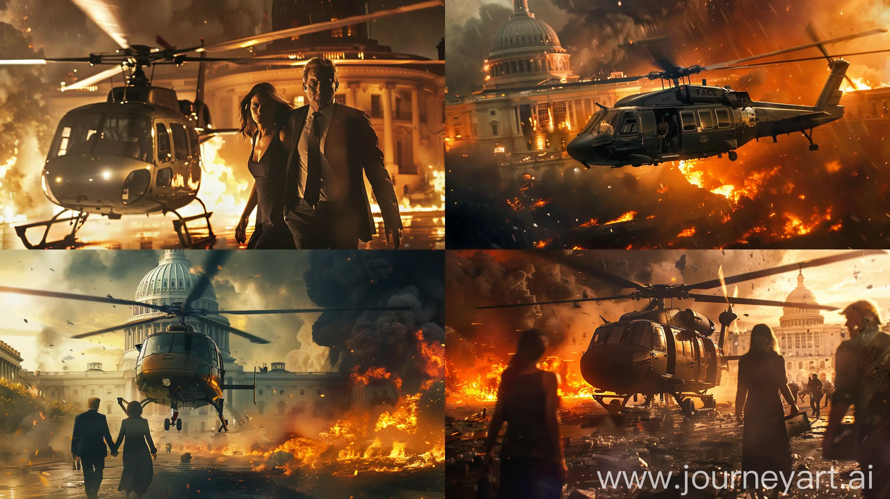 THe president and first lady are evacuated by helicopter while Washington DC burns below them, cinematic --v 6.0 --ar 16:9