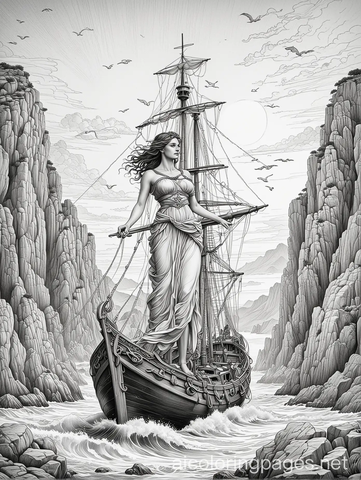 *classical style fine illustration for a coloring book of the greek myth: *The Sirens’ Song** - Odysseus tied to the mast of his ship, the Sirens beautifully but menacingly luring from nearby rocks., Coloring Page, black and white, line art, white background, Simplicity, Ample White Space. The background of the coloring page is plain white to make it easy for young children to color within the lines. The outlines of all the subjects are easy to distinguish, making it simple for kids to color without too much difficulty