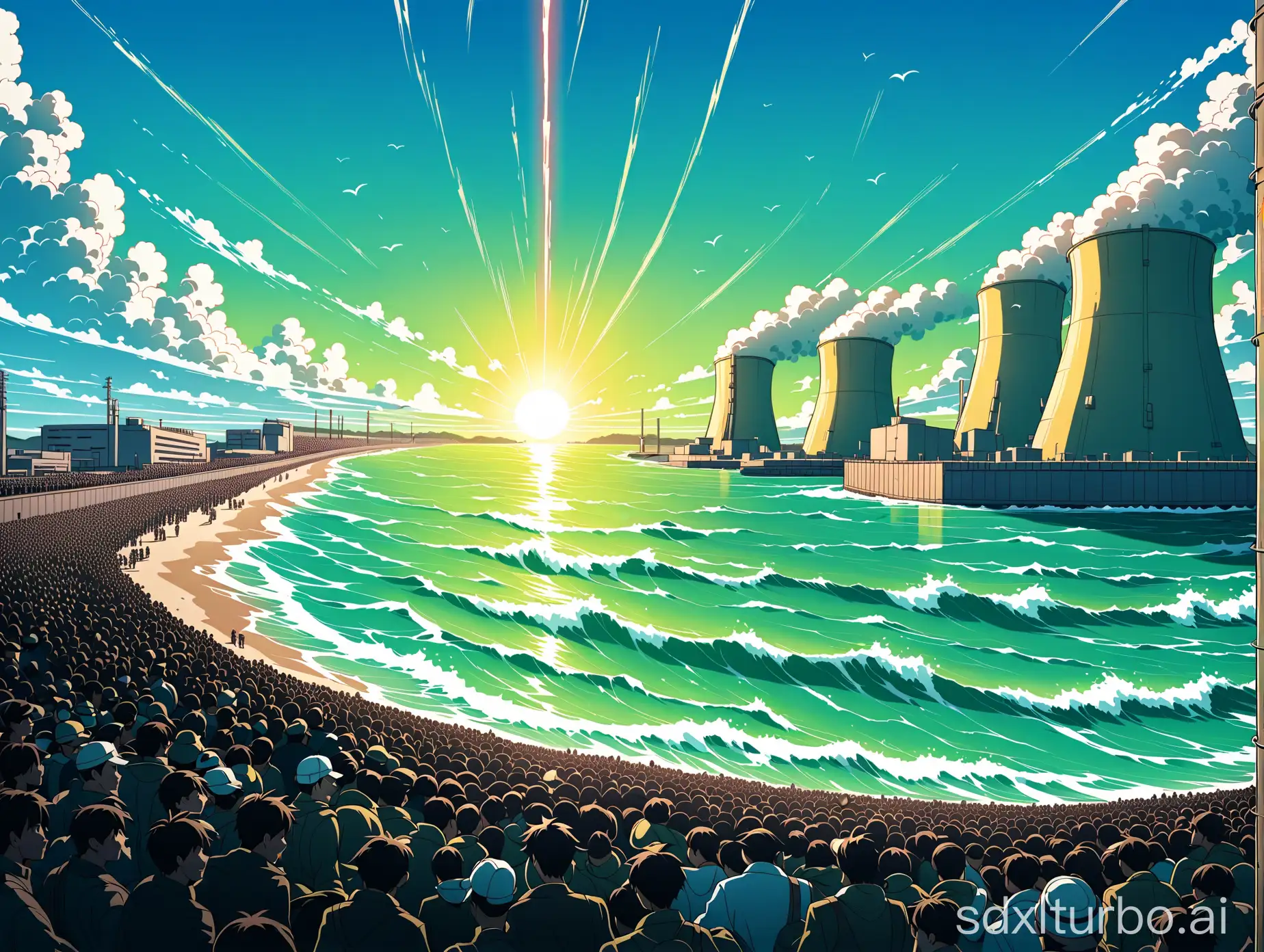 动漫风格，海边核电站，人群抢着喝核废水，高清画质，4K，原创的