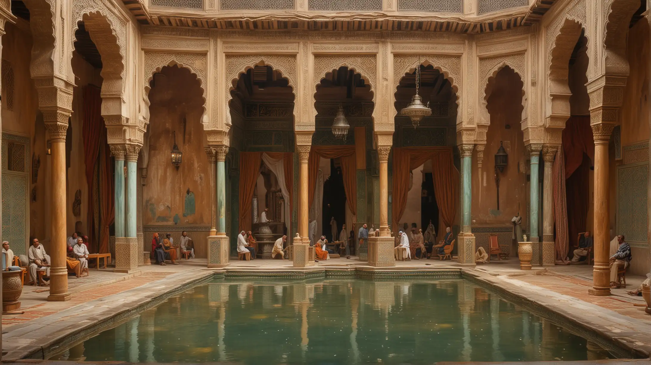 19th Century Moroccan Palace People Relaxing by Ornate Columns and Fountain