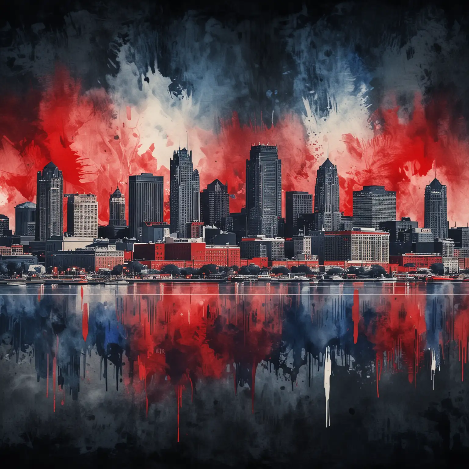 Milwaukee skyline with a vibrant red white and blue watercolor overlay on a dark background