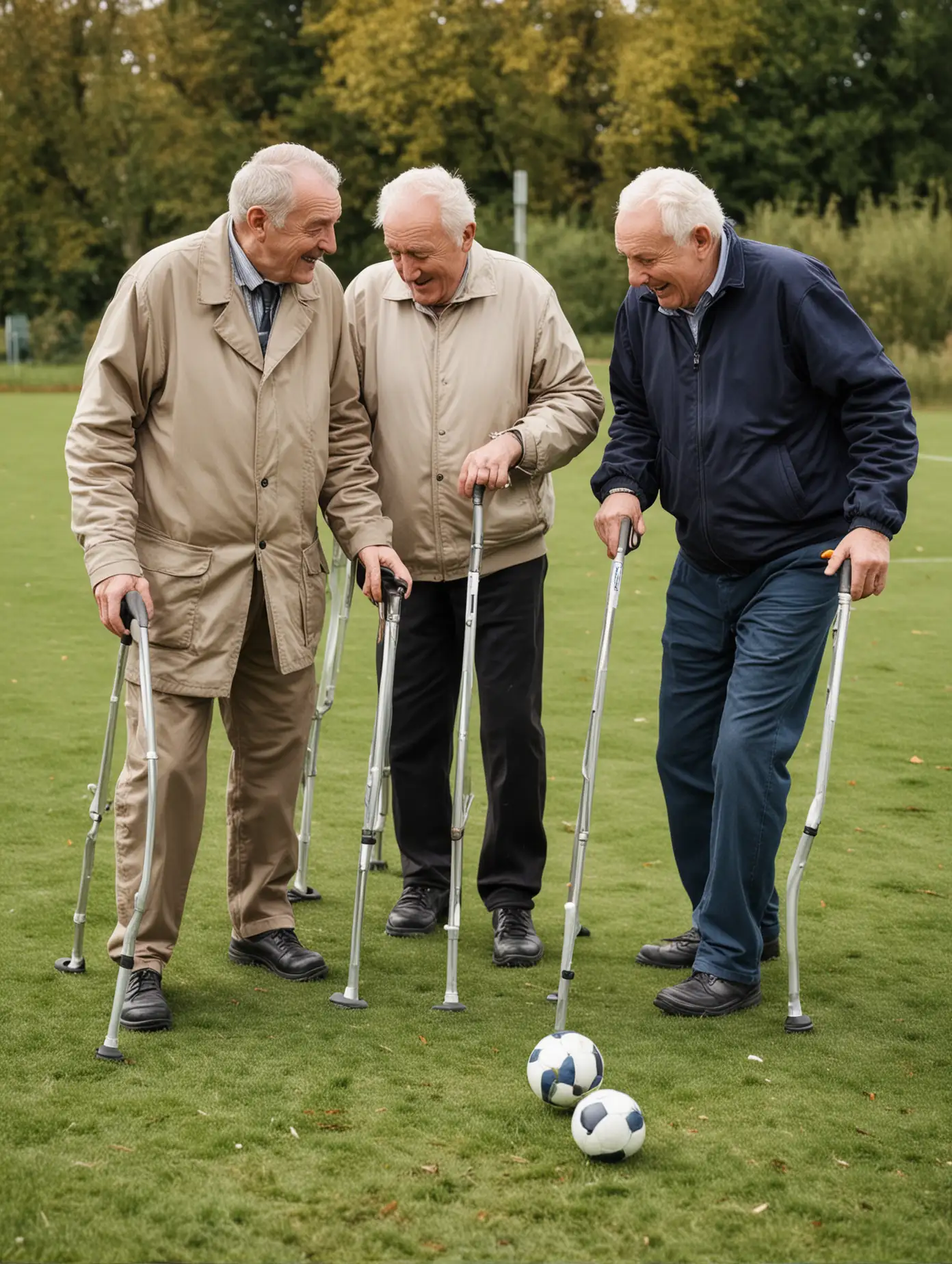 zwei ältere Männer an Krücken spielen Fußball 