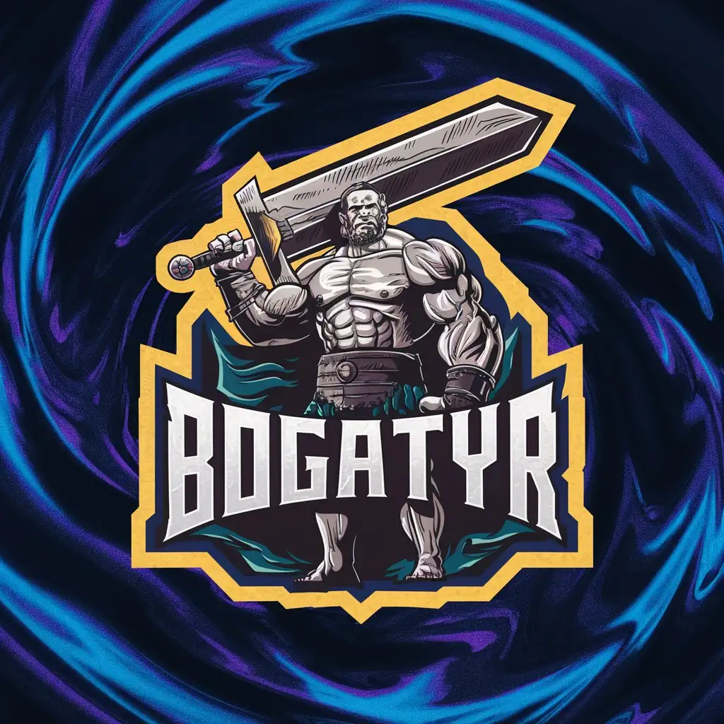 a logo design,with the text "Bogatyr", main symbol:Big man with a sword,complex,clear background