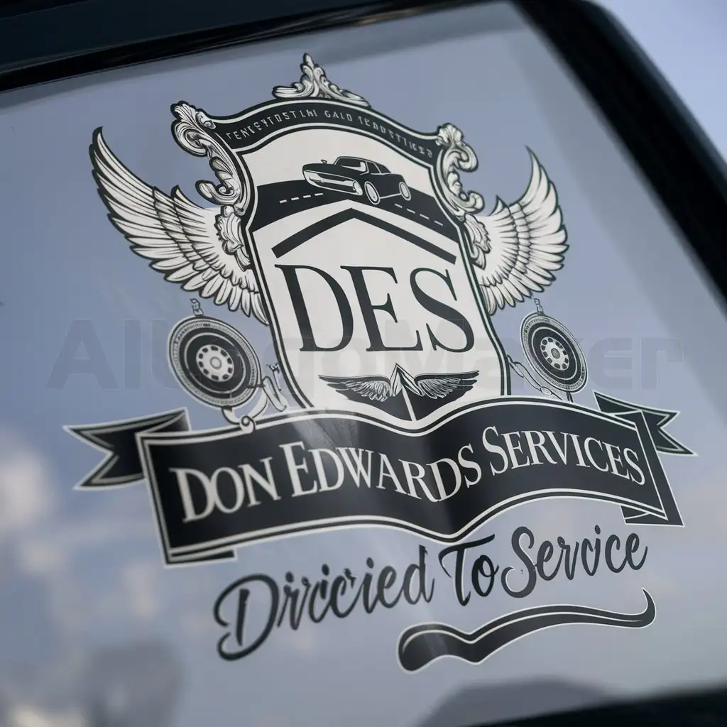 a logo design,with the text "Don Edwards Services", main symbol:Central Symbol: A detailed crest featuring a car, road, and transport-related icons like wheels or wings. DES Integration: 'DES' at the center of the crest, with intricate designs around it. Supporting Elements: Banners or ribbons below the crest with the company name 'Don Edwards Services' and tagline 'Driven to Serve'. Typography: Classic serif fonts for 'Don Edwards Services' and a stylized script for the tagline.,complex,be used in Events industry,clear background