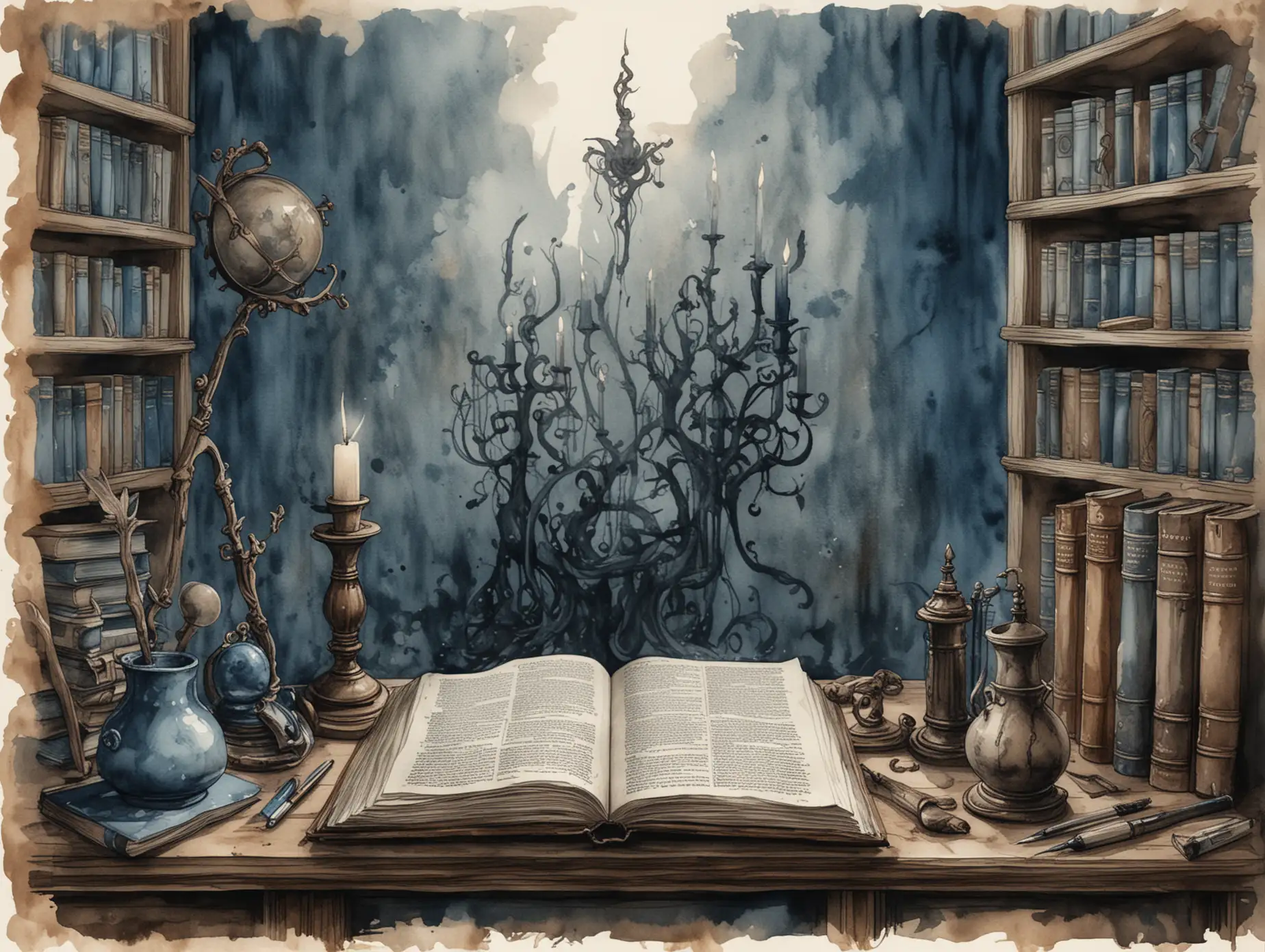 Digital illustration, dark academia, 300dpi, Graphic Art, dark arts library pages, in a blue brown watercolour and ink wash