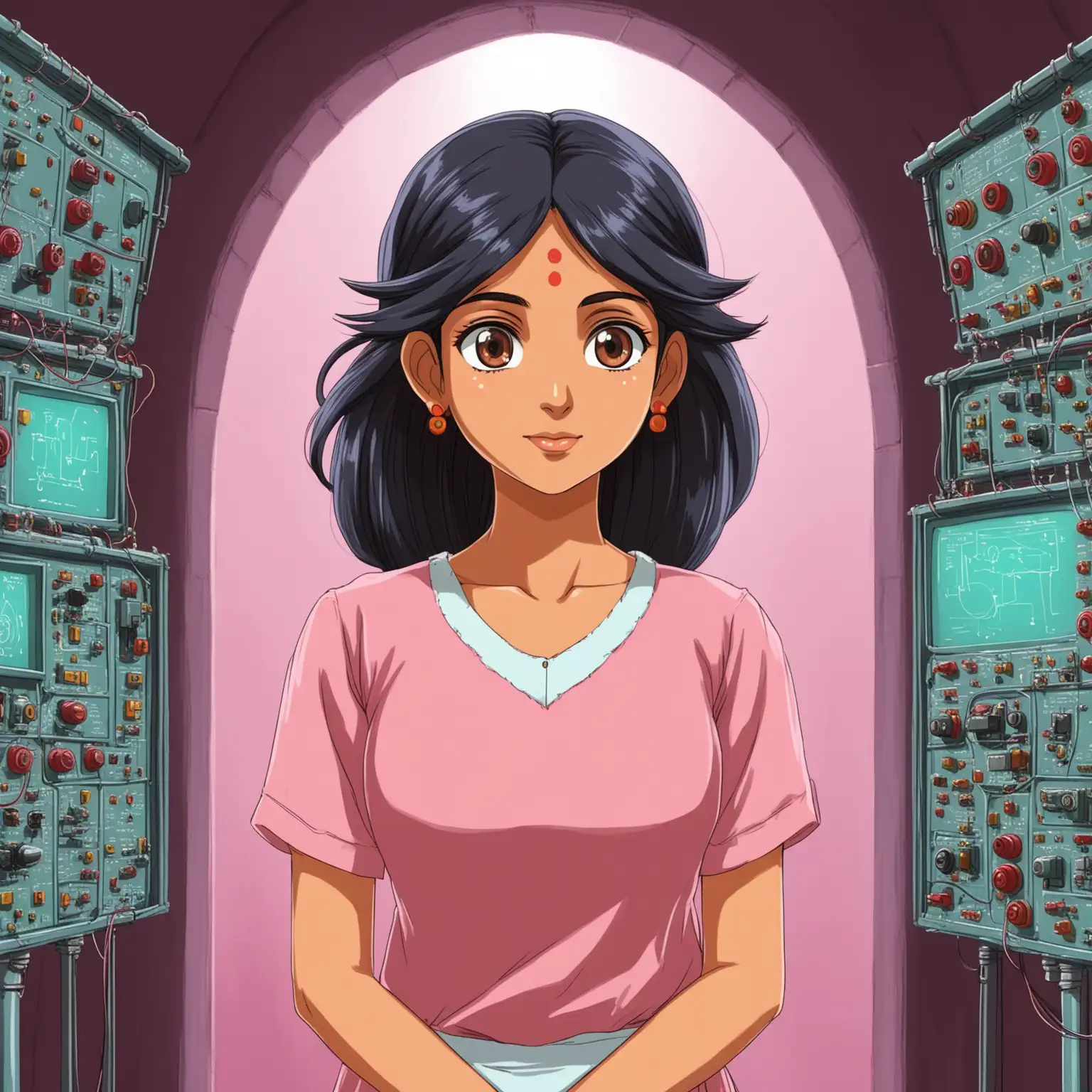 A beautiful pretty Indian Woman. She is a electrical engineer. Make it in the style of Ghibli anime. Make it pink themed
