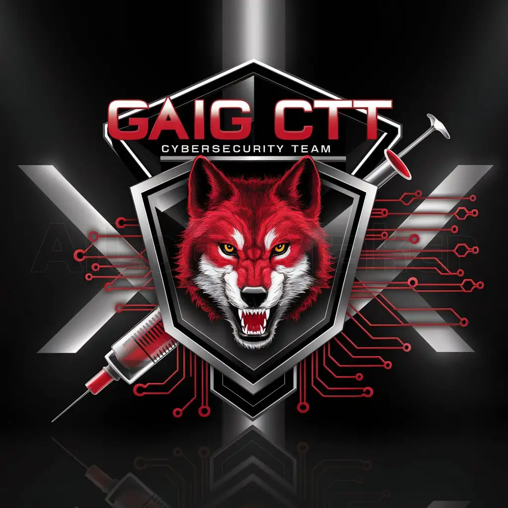 a logo design,with the text "Red Team", main symbol:Central Figure (Red Wolf): Draw a detailed illustration of a red wolf. Place the wolf in the center of the design. Syringe and Circuit Elements: Create a hexagonal shield and place it behind the wolf. Add circuit patterns extending from the shield to give a tech-inspired look. Text Elements: Use a modern, bold font for 'GAIG CTT'. Place 'Cybersecurity Team' beneath 'GAIG CTT' in a smaller font. Color Scheme: Use black as the background color. Use red for the syringe and circuit patterns. Ensure the wolf is prominently red. Final Touches: Add highlights and shadows to give depth to the design. Ensure all elements are balanced and visually appealing.,complex,be used in Technology industry,clear background