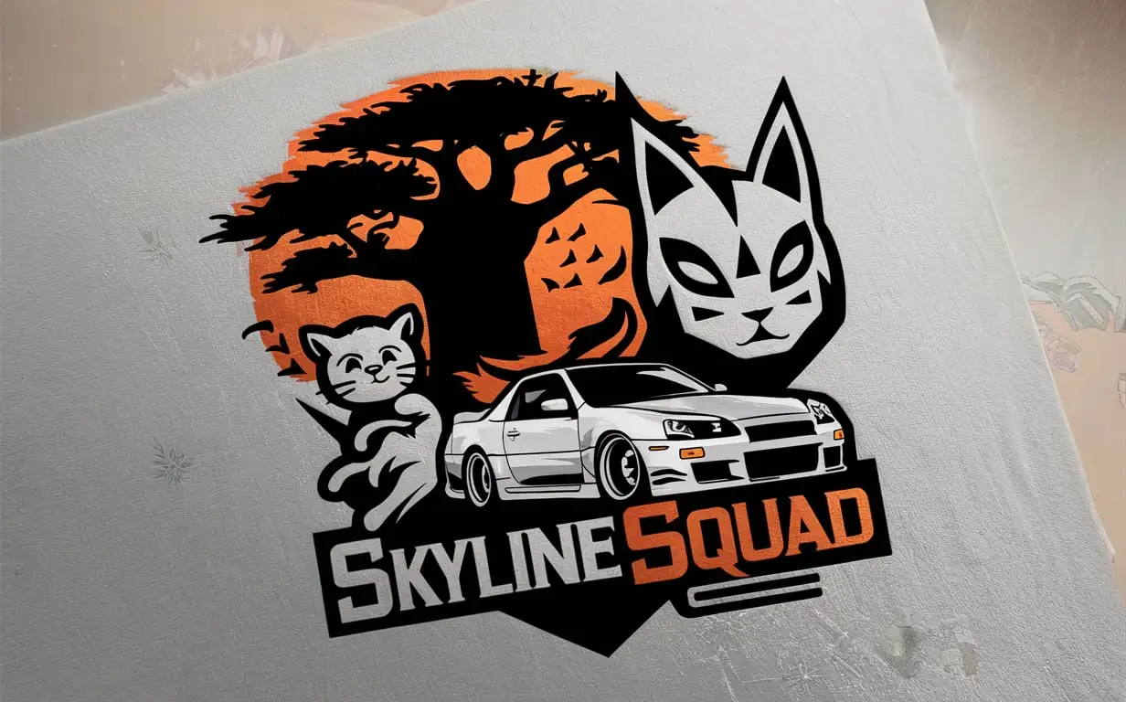 логотип "Skyline Squad"  с баобабом, котом, маской киЦуне и машиной Nissan Skyline,