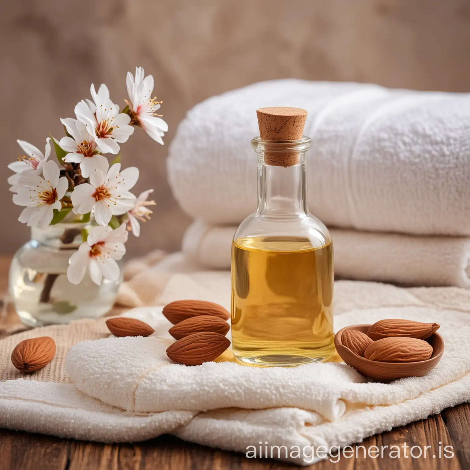 almond oil for massage in the foreground.  BACKGROUND is spa kind of setting for kids with towels and almond blossoms.