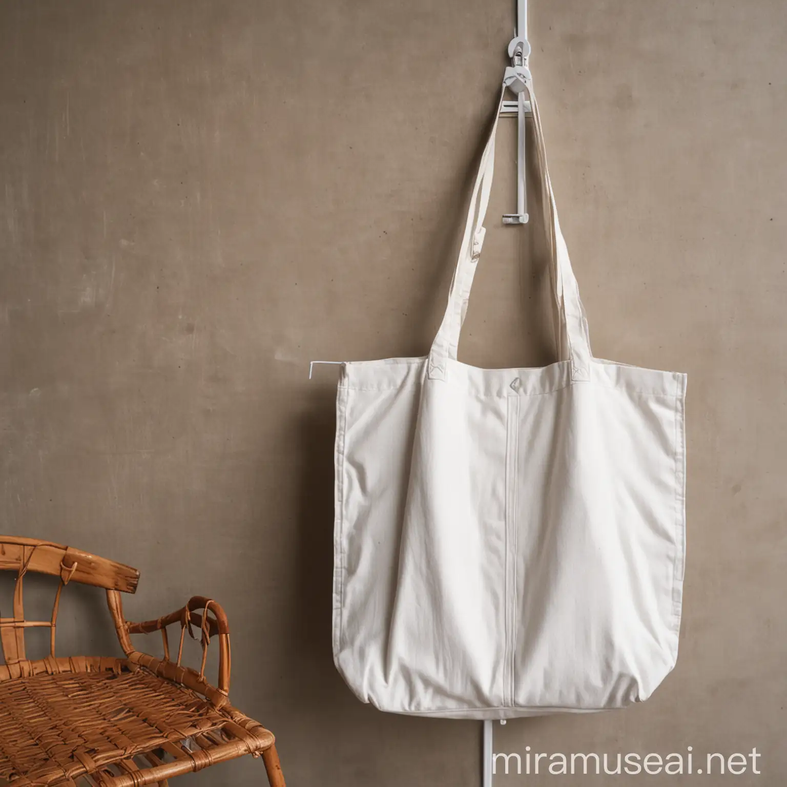 a white tote bag hanging from a clothes hanger in a cafe