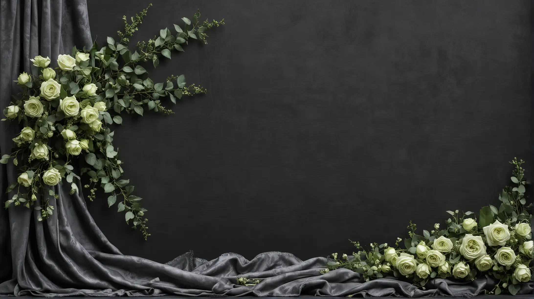 left side border, draped dark gray fabric on which lies a few beautiful light green roses gypsophila and ivy, dark gray velvet background