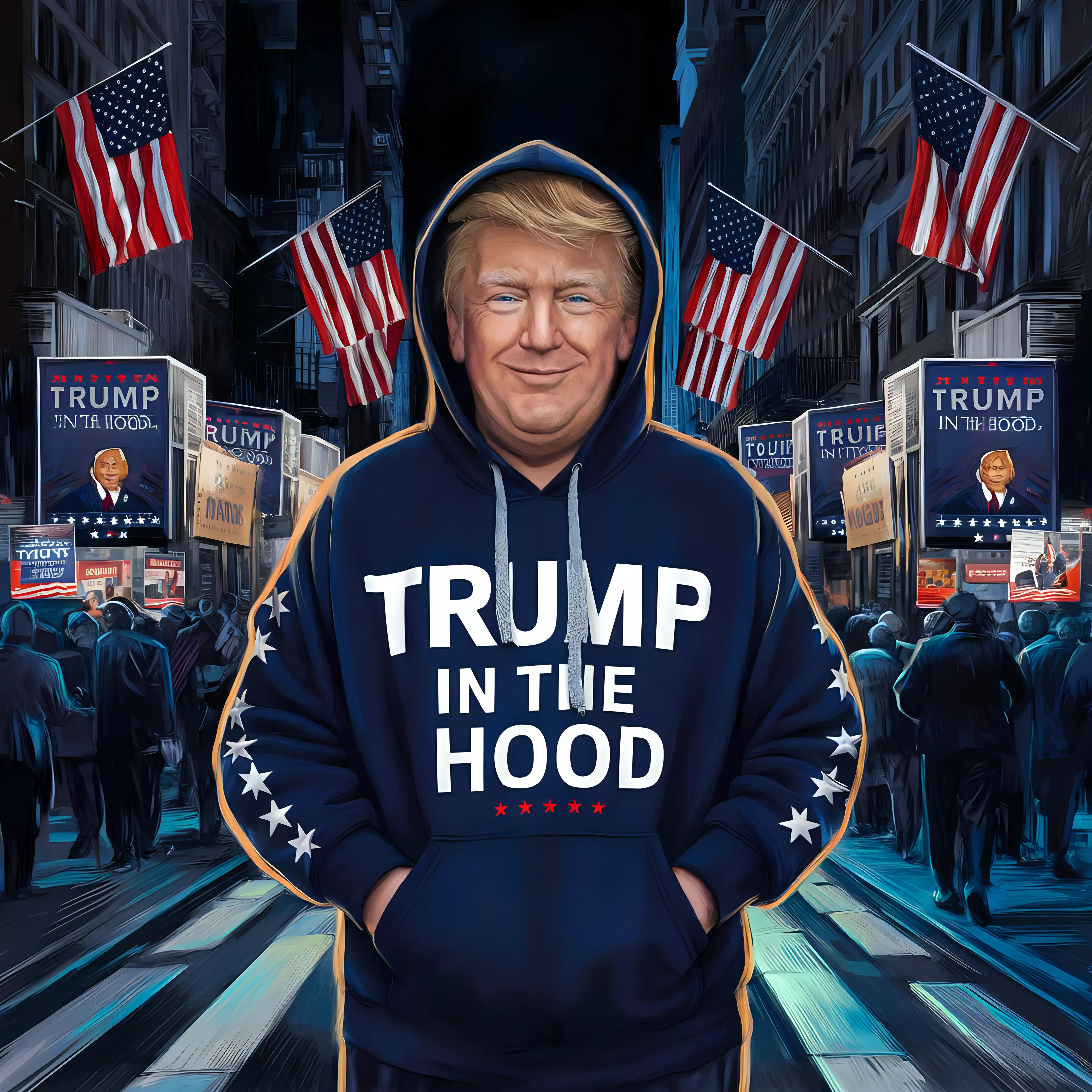 Patriotic Election Illustration Featuring Trump in the Hood