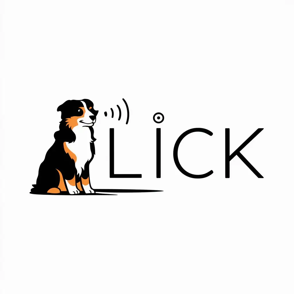 a logo design,with the text "ClicK", main symbol:Letter L as a stick. Main symbol: Australian shepherd dog, color: black, orange (cheeks, paws), white (muzzle, chest, neck). The dog is sitting on the left side of the logo text and attentively listens to the sound coming from letter C, looks at the text, minimalistic design, transparent background. Make the dog with thin lines, and as a funny cartoon,Minimalistic,be used in Animals Pets industry,clear background