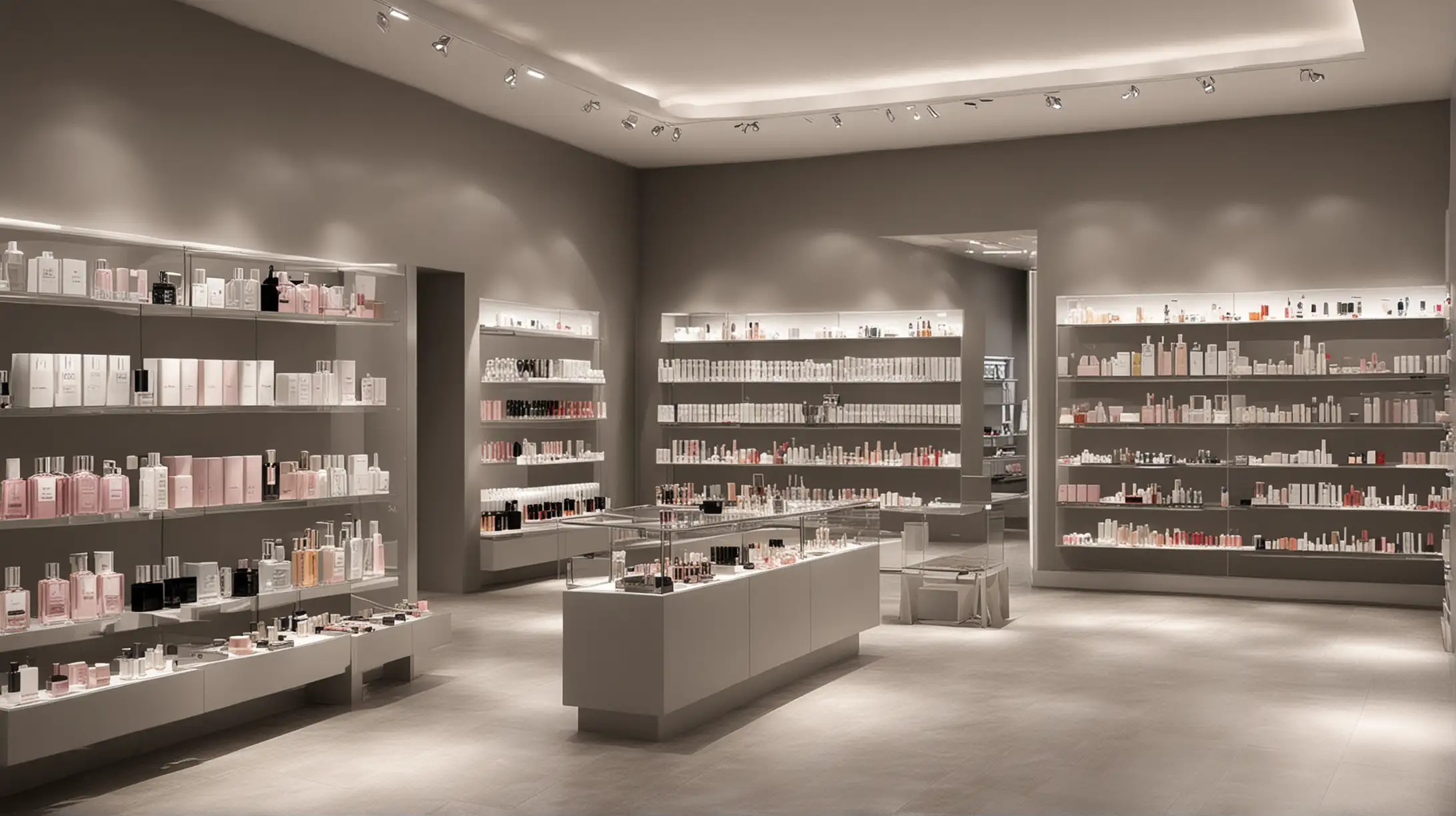 Create an image of a modern perfume store with a strong emphasis on perspective. The design should be contemporary and sleek, featuring clean lines and minimalist decor. Display shelves should recede into the distance, creating a sense of depth and sophistication. The walls should be designed with multiple colors, adding a vibrant and artistic touch to the modern interior.