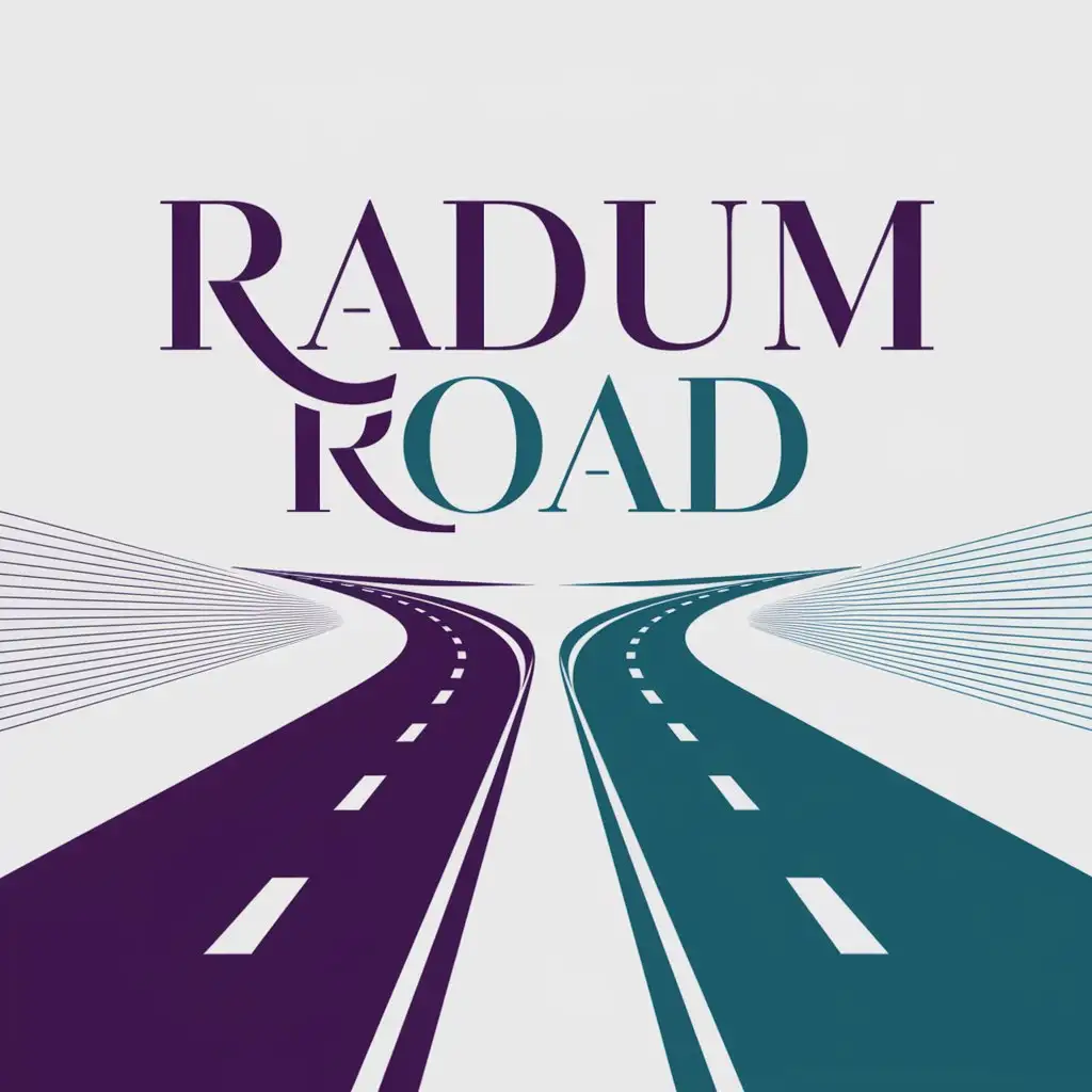 a logo design,with the text "RADUM ROAD", main symbol:Two Highways in purple and cyan colors. Highways are connecting to each other in the distance and it looks like they are forming the letter M. One color background,Minimalistic,clear background