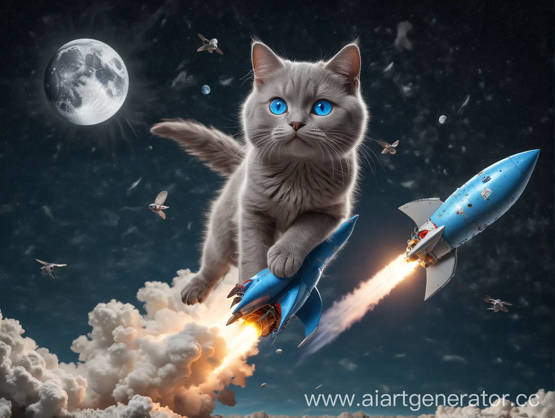 серая кошка с голубыми глазами 3d летит на луну на ракете