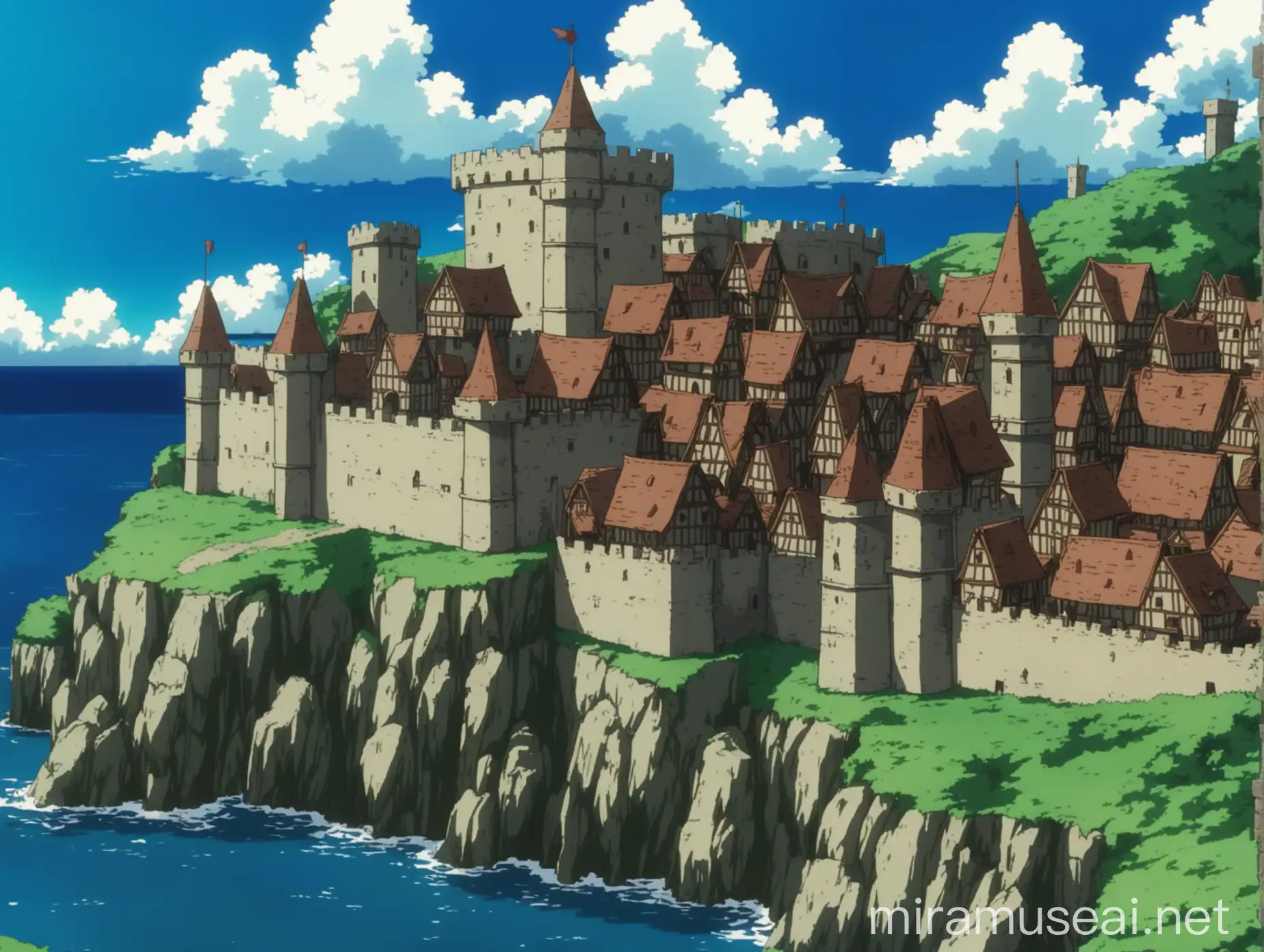 a medieval bastion village in front of a sea, in anime
