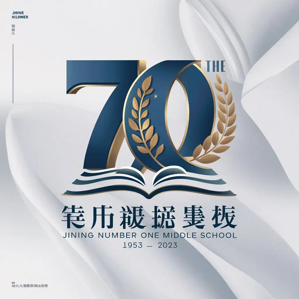 a logo design,with the text "Ji qu ning yi zhong", main symbol: Design Elements:
1. The number **70**: Emphasize the 70th anniversary, which is the core element.
2. **School name**: Jining Number One Middle School
3. **Time interval**: 1953 - 2023 (year of establishment to 70th anniversary)
4. **Icon or symbol**:
- **Book**: Symbolizes knowledge and education
- **Olive branch**: Symbolizes peace and wisdom
- **Tree**: Symbolizes growth and long-lasting history

**Color choices**:
- **Blue** and **gold**: Blue symbolizes wisdom and professionalism, while gold represents celebration and honor.
- **White**: Background color or text color, for a cleaner and more modern feel.

**LOGO design concept**:
1. **Main graphics**:
- **Number 70**: Choose a strong and bold font, with some decorative elements.
- **Book**: It can serve as the base or background for the number 70, emphasizing education and knowledge.
- **Olive branch** or **tree**: Surround the number 70 or book, symbolizing peace, growth, and long history.
2. **Textual part**:
- Place "Jining Number One Middle School" in Chinese characters below the graphics or surrounding design.
- Include the time interval 1953 - 2023 beneath "70th anniversary" or to its side, highlighting the historical context.

**Design sketch examples**:
1. **Number and icon combination**:
```
  📚 🎓  70 周年  （1953 - 2023）  集宁一中
```
2. **Book and olive branch design**:
```
  📚 🎓  70 周年  （1953 - 2023）  集宁一中
```

**Detailed design description**:
**Graphic part**:
- **70th anniversary**: Use a 3D blue (symbolizing wisdom and professionalism) font.
- **Book**: A simple open book pattern serves as the base for the number, with light blue or white being the primary colors of the book illustration.
- **Olive branch** or **tree**: Surrounding the 70th anniversary number, use a golden color to emphasize celebration and honor.

**Text part**:
- **Font**: Choose a modern, simple, and readable font for the text.
- **Position**: Center "Jining Number One Middle School" below the main graphic and place the time interval (1953 - 2023) beneath the number or graphic with smaller font size.
- **Color**: Use blue for the text, on a white background.

Central idea: The focus is "70", representing the 70th anniversary celebration. Above it is a simple graduation hat icon. Beneath the "70" are the open book illustrations as its base, with olive branches symbolizing peace and wisdom on either side or at the bottom. Underneath, include the time interval 1953 - 2023 in smaller font, followed by the school name, "Jining Number One Middle School," in a larger font to emphasize it.,Moderate,be used in education industry,clear background