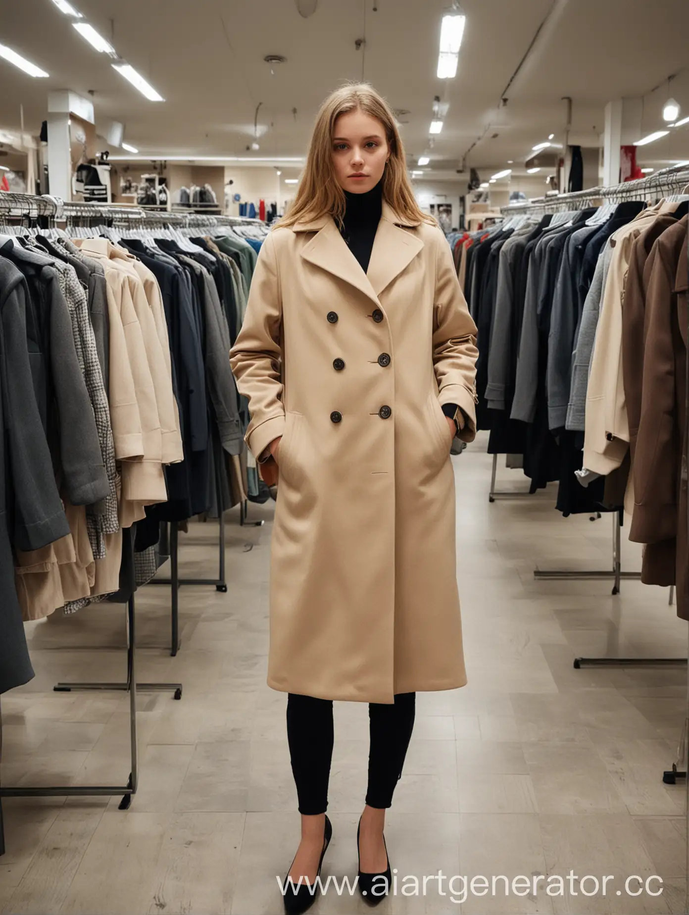 Young-Woman-Trying-on-Coat-in-Brightly-Lit-Womens-Clothing-Store