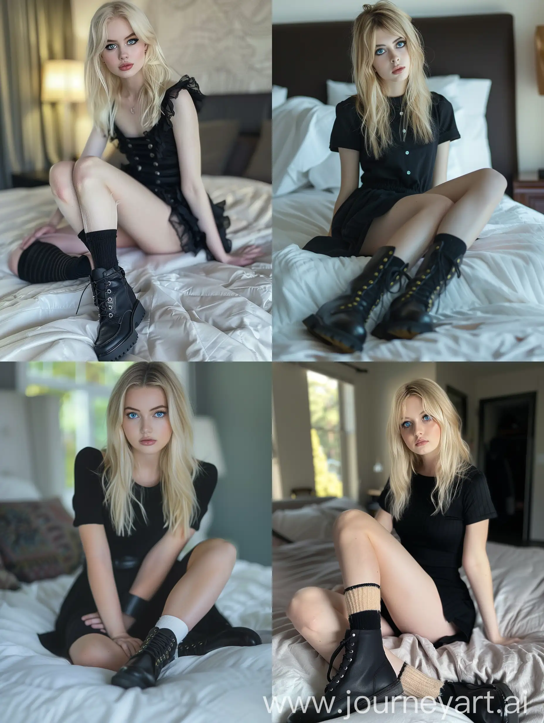 a blonde young woman, 20 years old,  influencer, beauty, black dress, makeup,, ,, black boots, ,sitting, , thick legs, socks and boots, 4k, lying  on bed, ,  blue eye, , fat legs, ,, close up,  front view