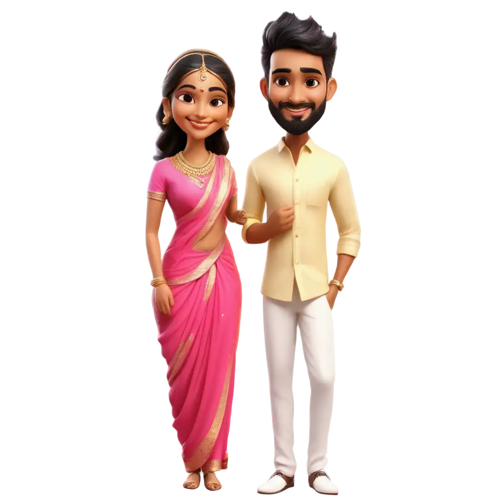 south indian wedding caricature in pinkish outfit of bride in saree and groom in lungi