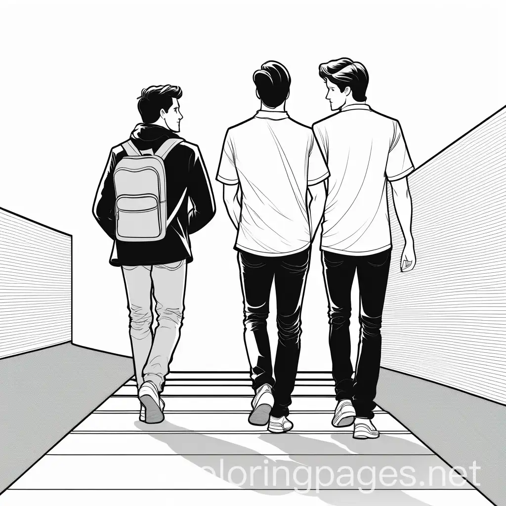 two young men walking together, looking forward. The taller guy has longer hair and he is telling a story  while the shorter guy stares lovingly at him., Coloring Page, black and white, line art, white background, Simplicity, Ample White Space. The background of the coloring page is plain white to make it easy for young children to color within the lines. The outlines of all the subjects are easy to distinguish, making it simple for kids to color without too much difficulty