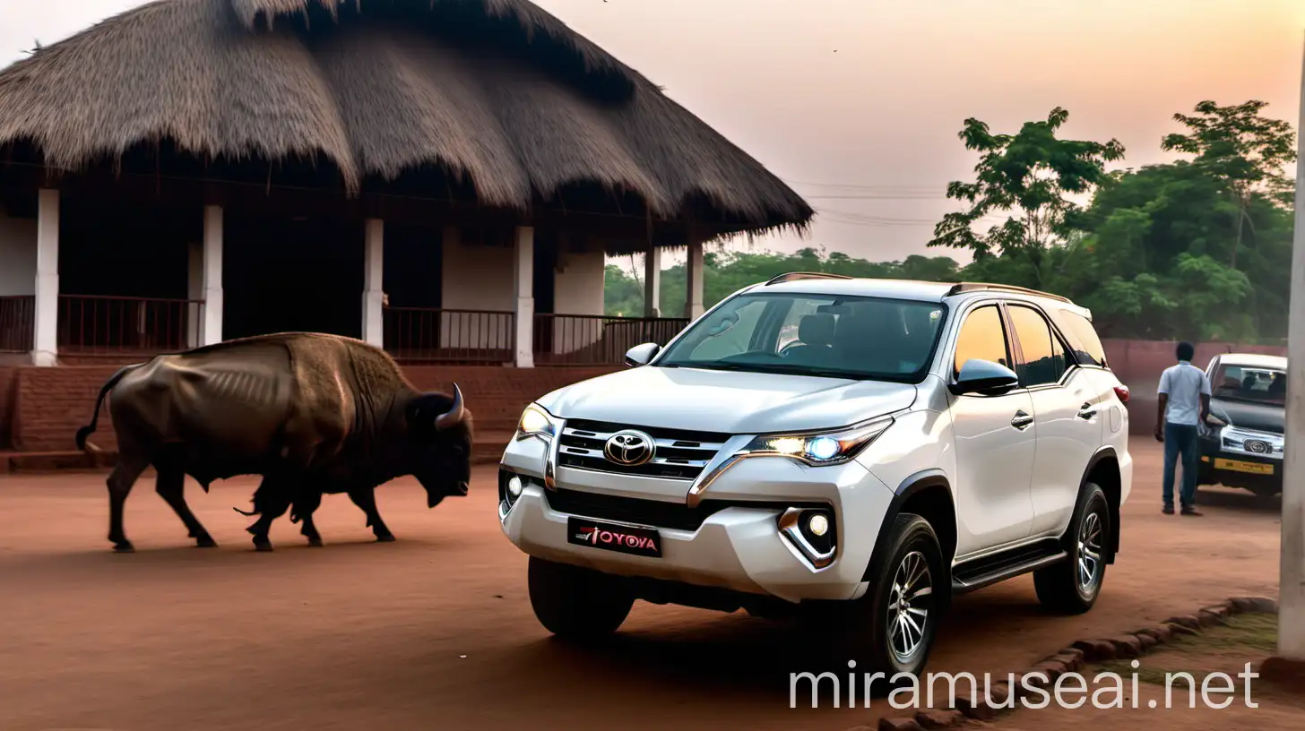 in front of a indian village building a white toyota fortuner is standing , some buffalo are in front of the building , its evening time , light is comming from the building