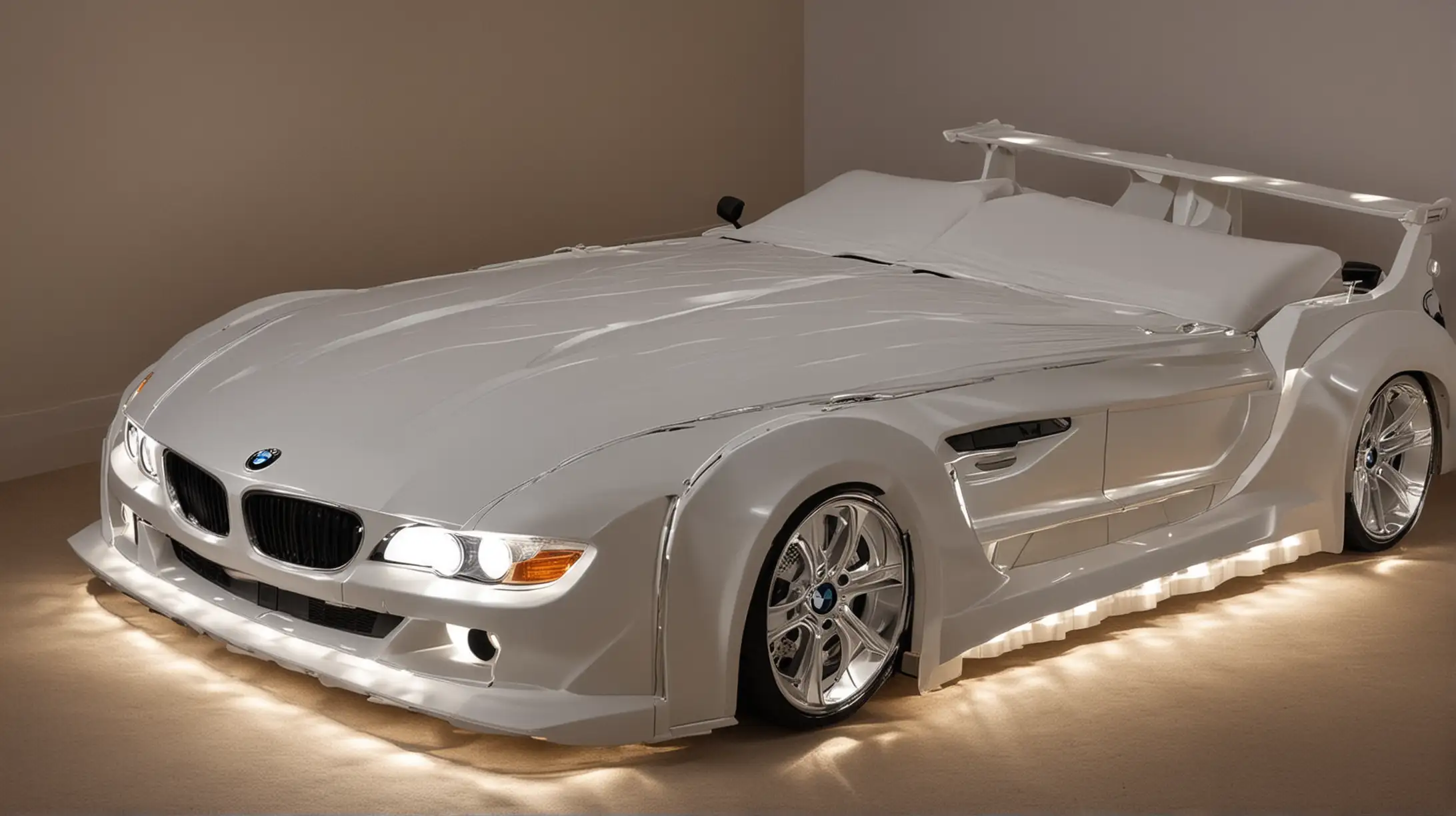 Luxurious Double Bed Shaped like a BMW Car with Illuminated Headlights