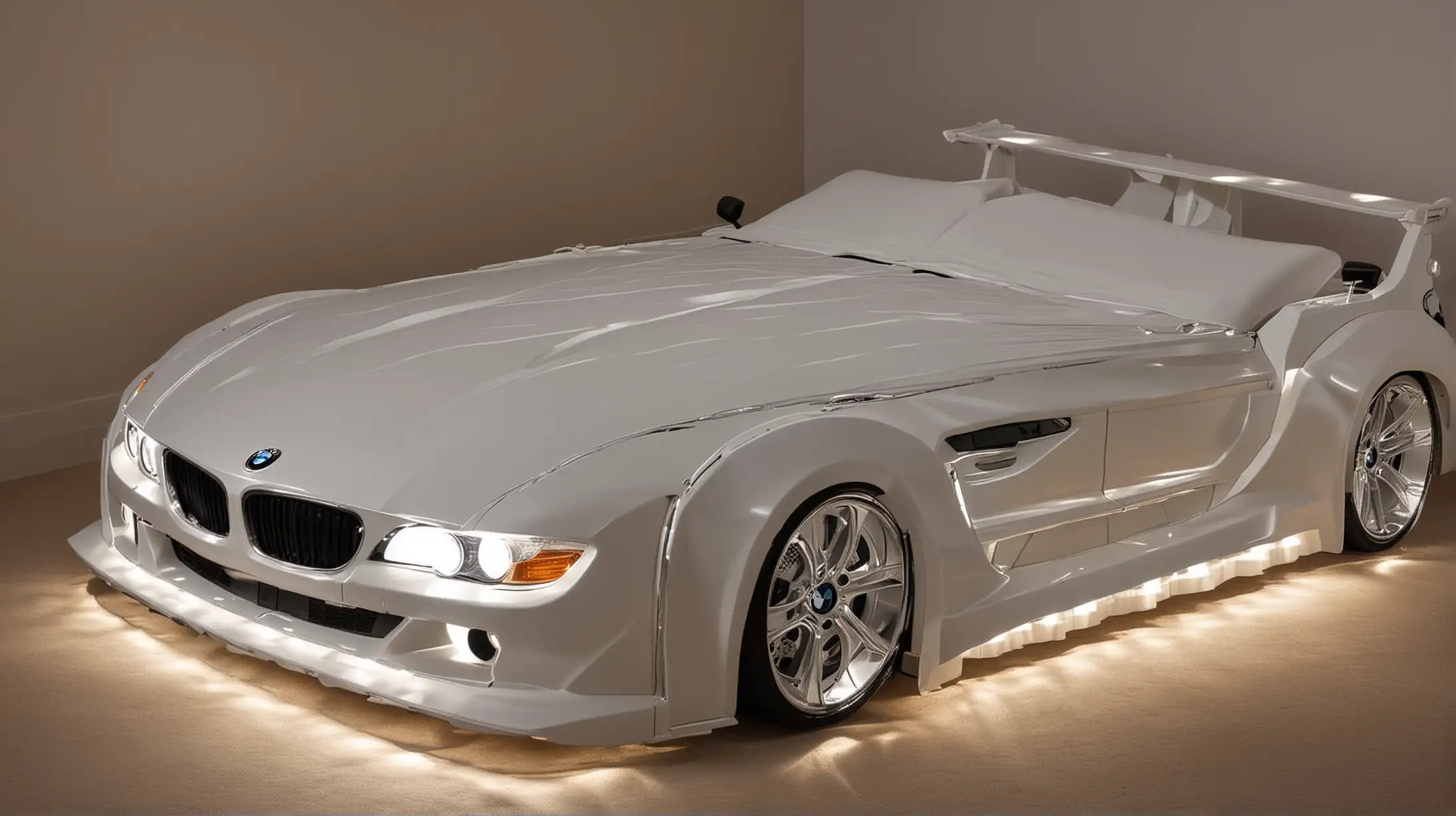 Double bed in the shape of a BMW car with headlights on