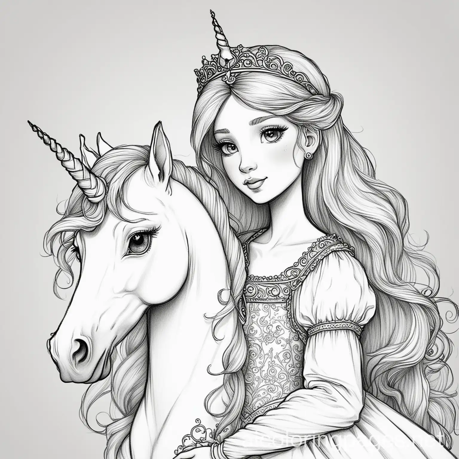 princess with unicorn
, Coloring Page, black and white, line art, white background, Simplicity, Ample White Space. The background of the coloring page is plain white to make it easy for young children to color within the lines. The outlines of all the subjects are easy to distinguish, making it simple for kids to color without too much difficulty