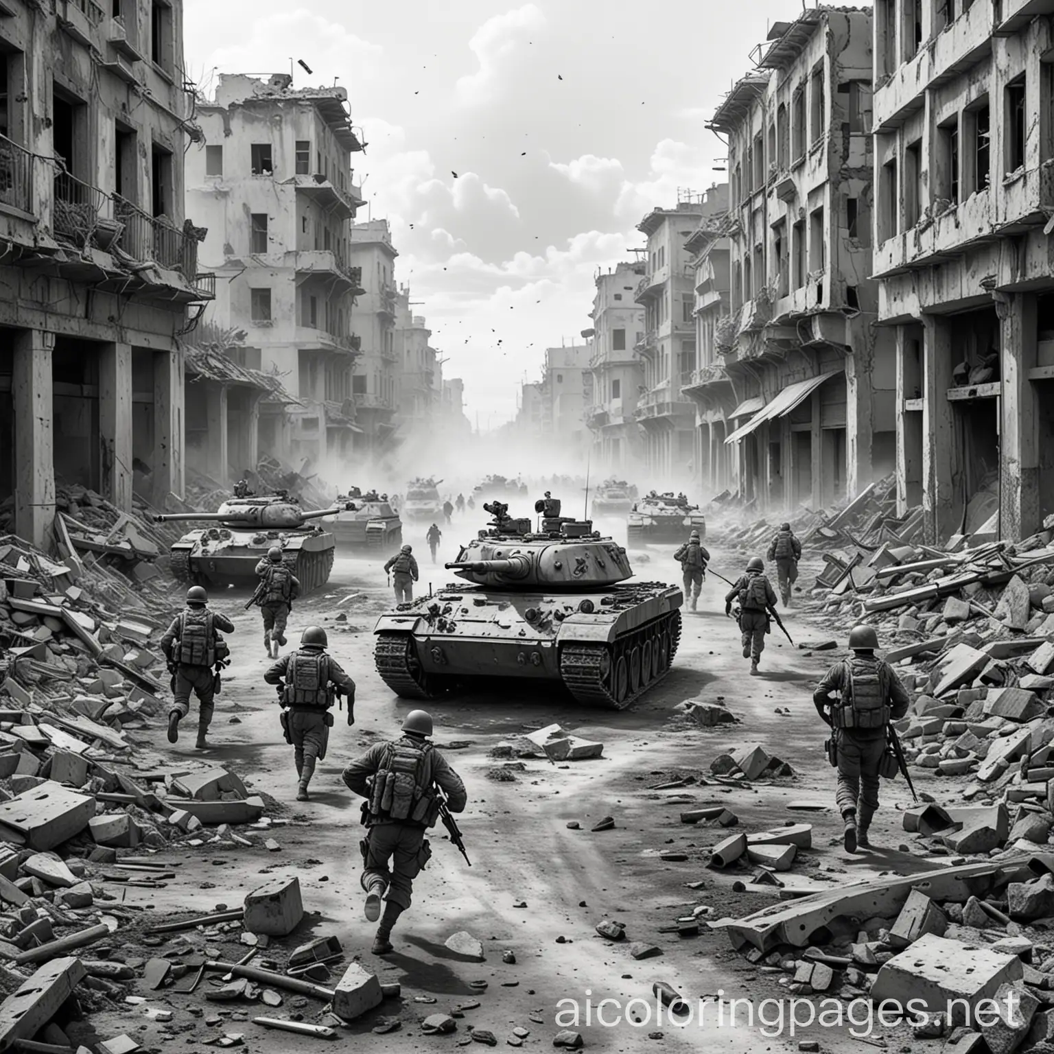 A war, soldiers running and fighting, around dead bodies of people, there are tanks and destroyed city, Coloring Page, black and white, line art, white background, Simplicity, Ample White Space. The background of the coloring page is plain white to make it easy for young children to color within the lines. The outlines of all the subjects are easy to distinguish, making it simple for kids to color without too much difficulty
