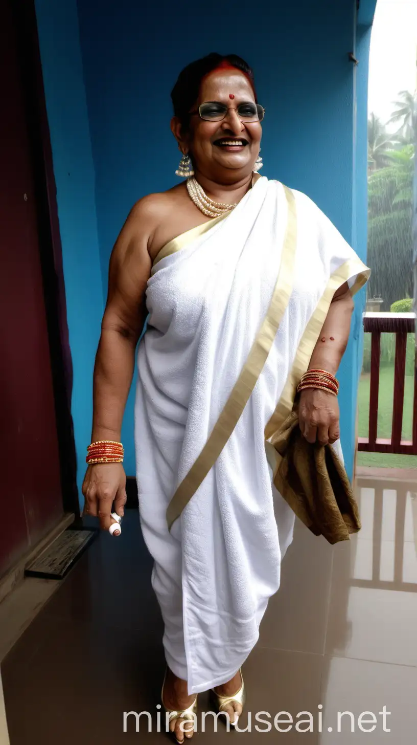 a indian mature  fat woman having big stomach age 47 years old attractive looks with make up on face ,binding her high volume hairs, Gajra Bun Hairstyle. wearing metal anklet on feet and high heels, smoking a cigar  in her hand  , smoke is coming out from cigar  . she is happy and smiling. she is wearing pearl neck lace in her neck , earrings in ears, a gold spectacles with chain holder on her eyes and wearing  only a  white bath towel on her body. she is marching  in a luxurious porch  and enjoying the rain  ,  three black cats are near her  and its day time . its raining very heavy .
