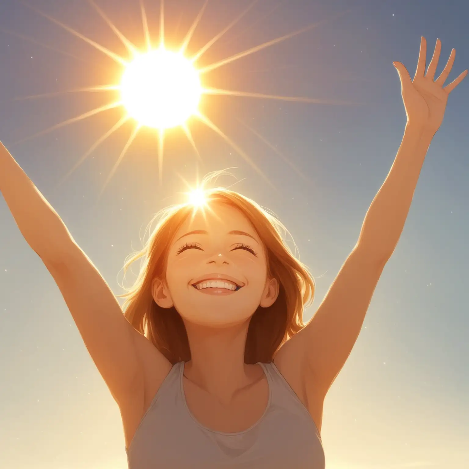 Happy Woman Gazing at the Sun with Joy