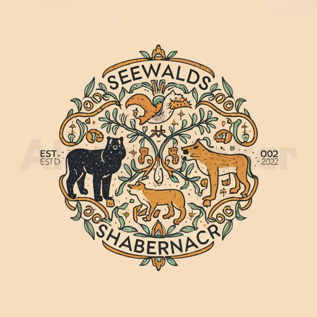 a logo design,with the text "Seewald's Schabernack Safari", main symbol:fox,bear,lioness,dog,cat,stork,wolf,complex,be used in Travel industry,clear background