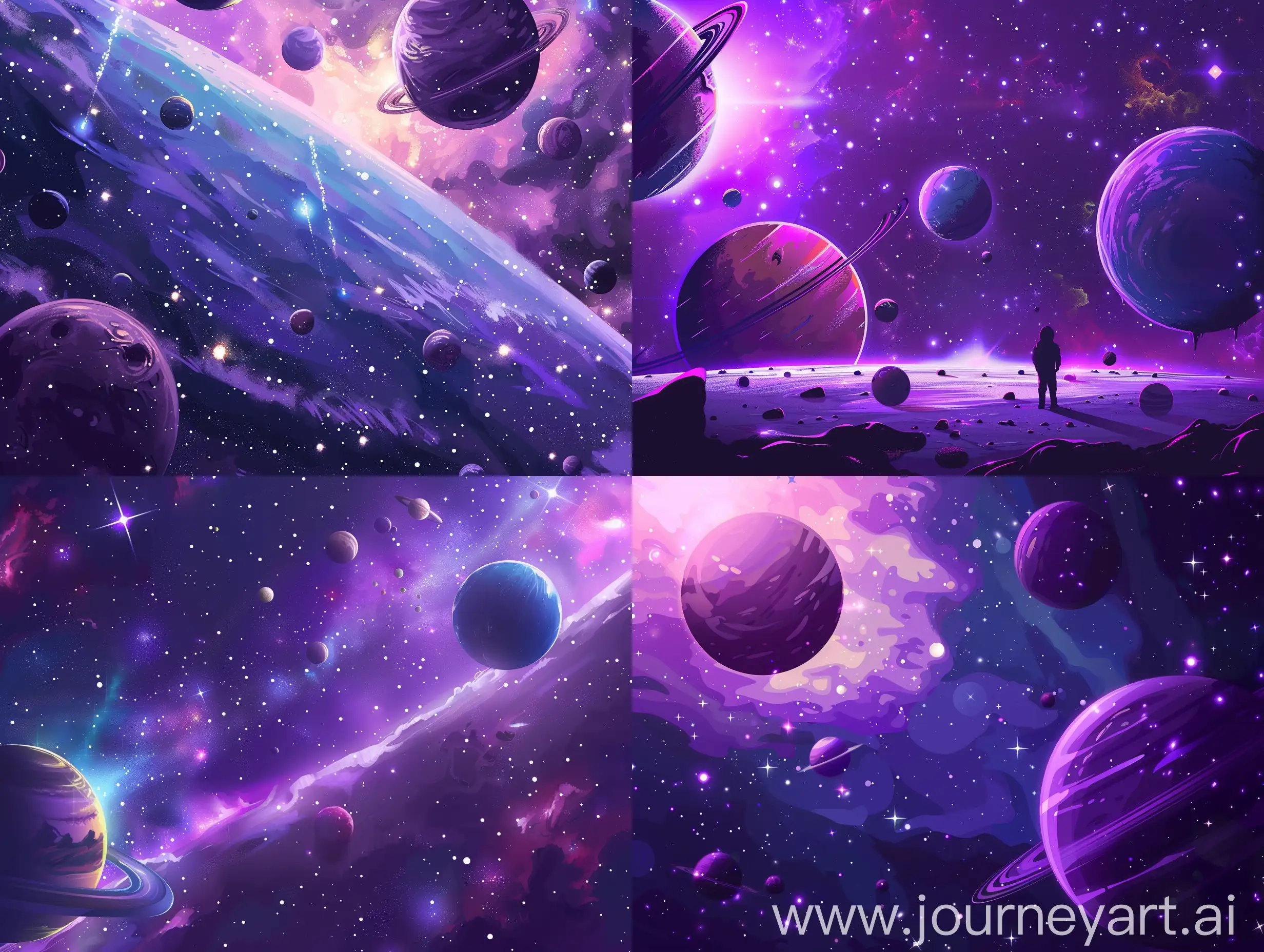 Purple boundless space with lots of planets in super anime style