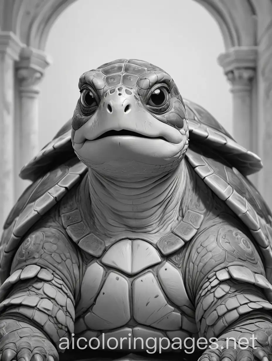 portrait of a fantasy turtle in style of Ojala,  digital painting,  fantasy,   beautiful , high detail  ,crisp quality, baroque background, Coloring Page, black and white, line art, white background, Simplicity, Ample White Space
