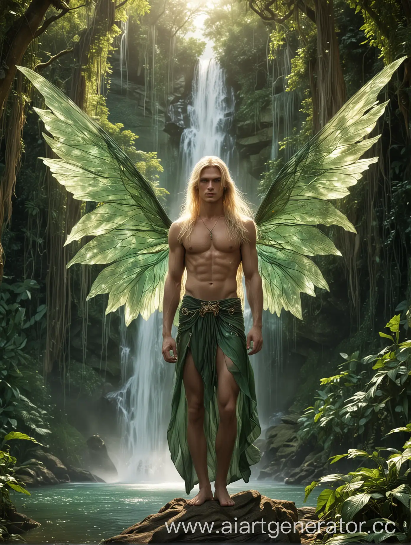 Мужчина, высокий, блондин, длинные волосы, изумрудные глаза, сексуальный, крылья феи большие , джунгли, большие деревья, водопад