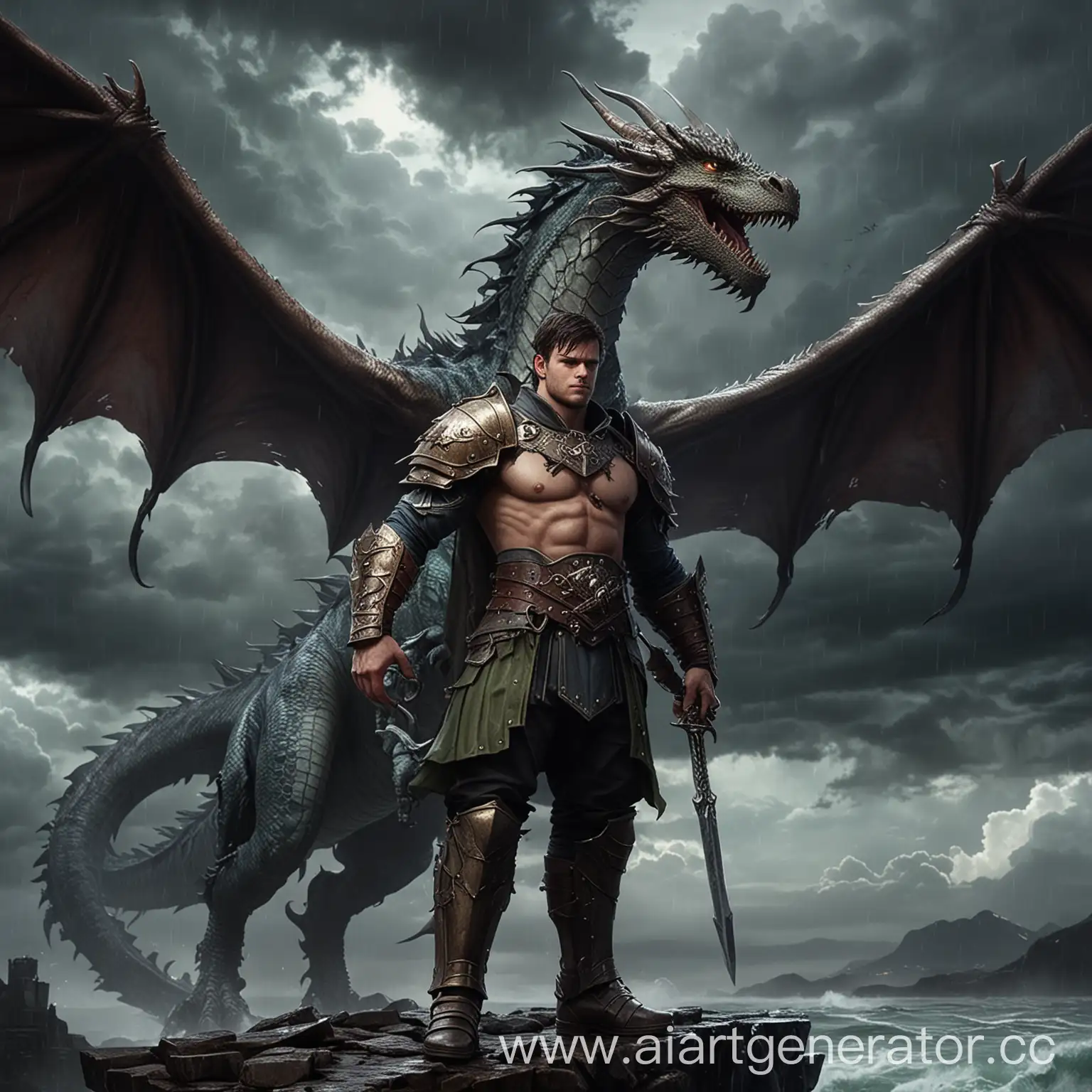 Character from book Fourth Wing. His name Xaden Riorson. He is standing with his dragon Sgael against the background of a stormy sky

