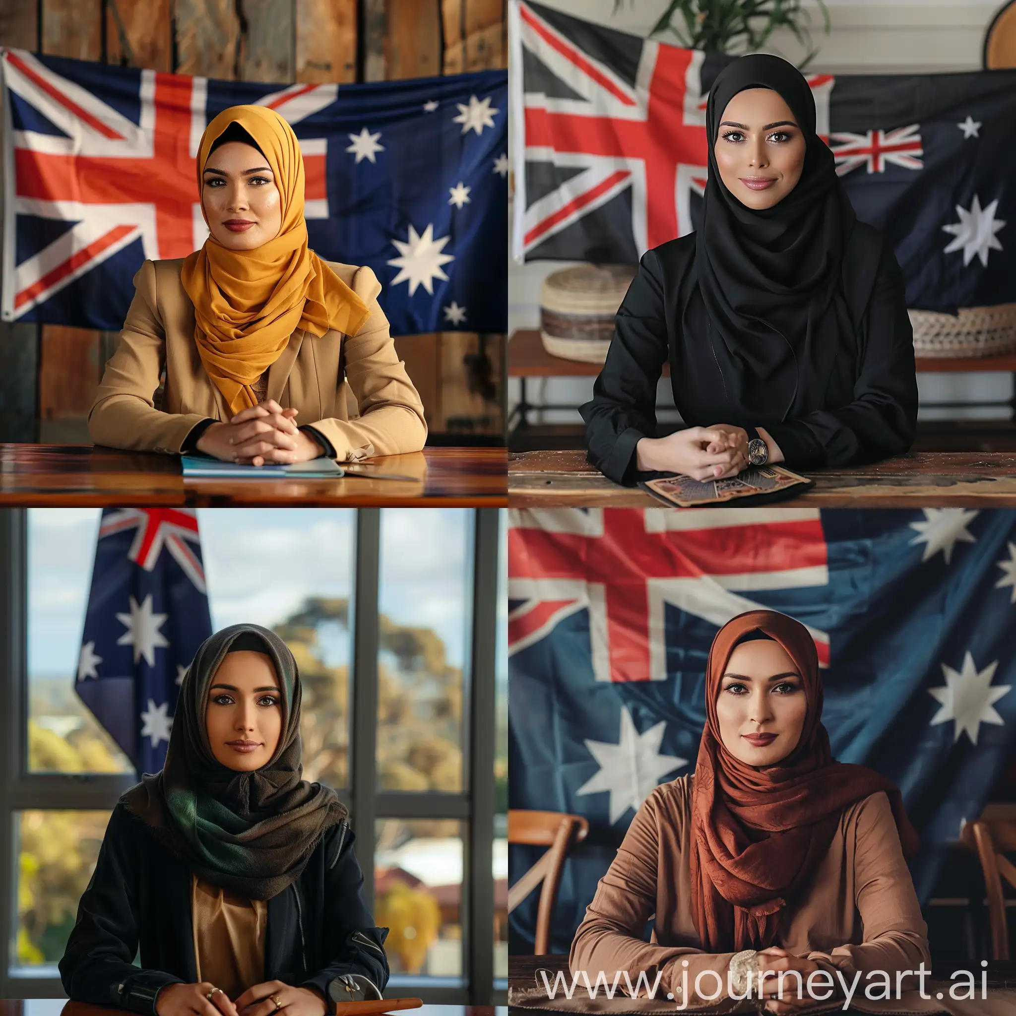  Hijab image of a charismatic woman sitting at a table with an Australian flag behind her