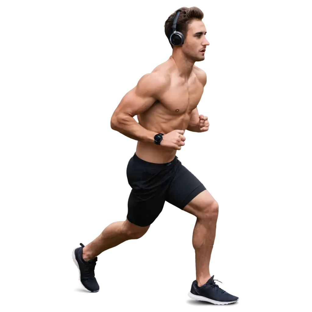 showing an athlete (male) while running using a sports headphones