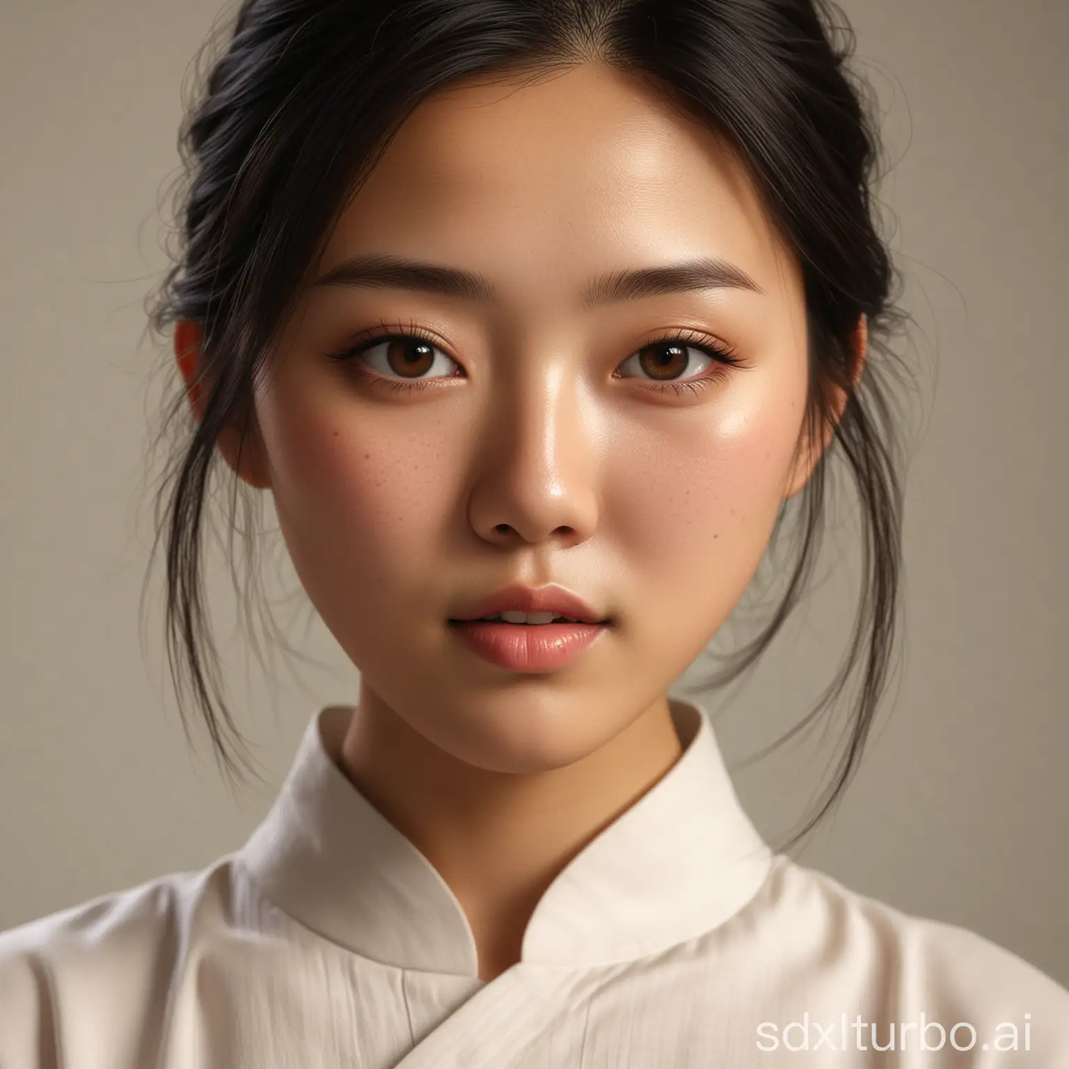 Asian girl, half-body portrait; realistic depiction, top-tier camera, hyperrealistic, rich details, soft focus, simple background, delicate features, authentic lighting, 16k