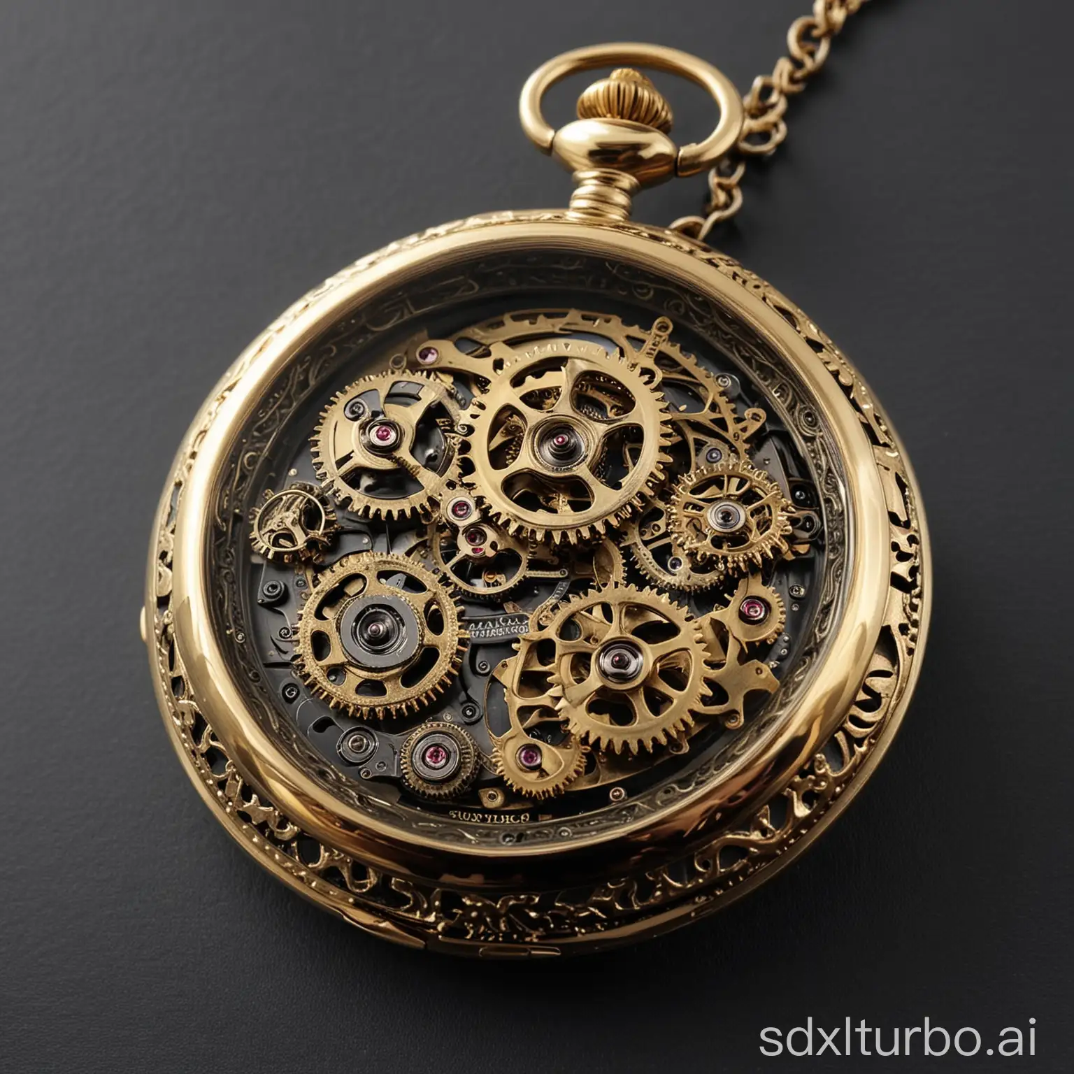 Mechanical pocket watch, gold, gears, wriggling flesh, black void