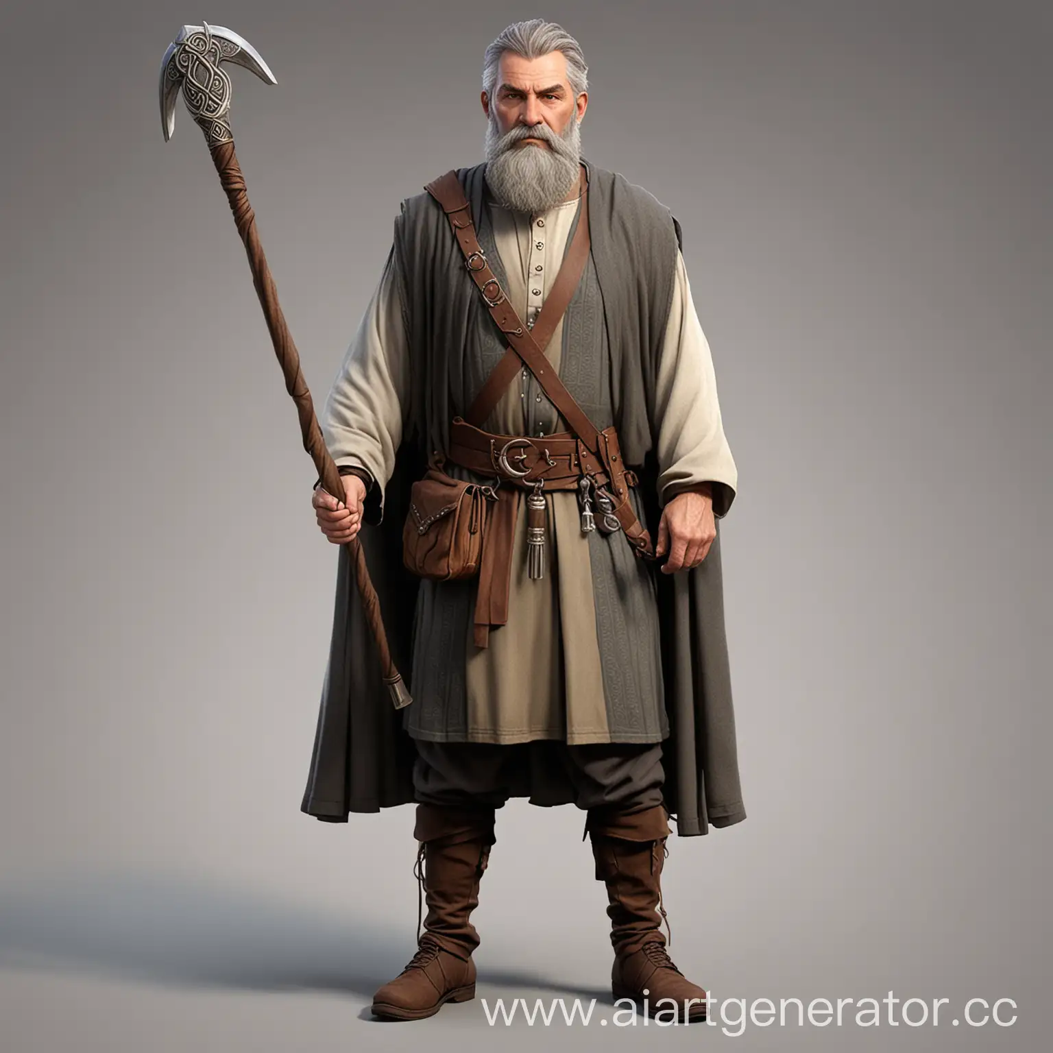 middle-age man, advisor of celtic tribe, celtic clothes, big, decisive, with a beard, brown or grey hair, with a staff, 2d character for visual novel, full heigth, full body